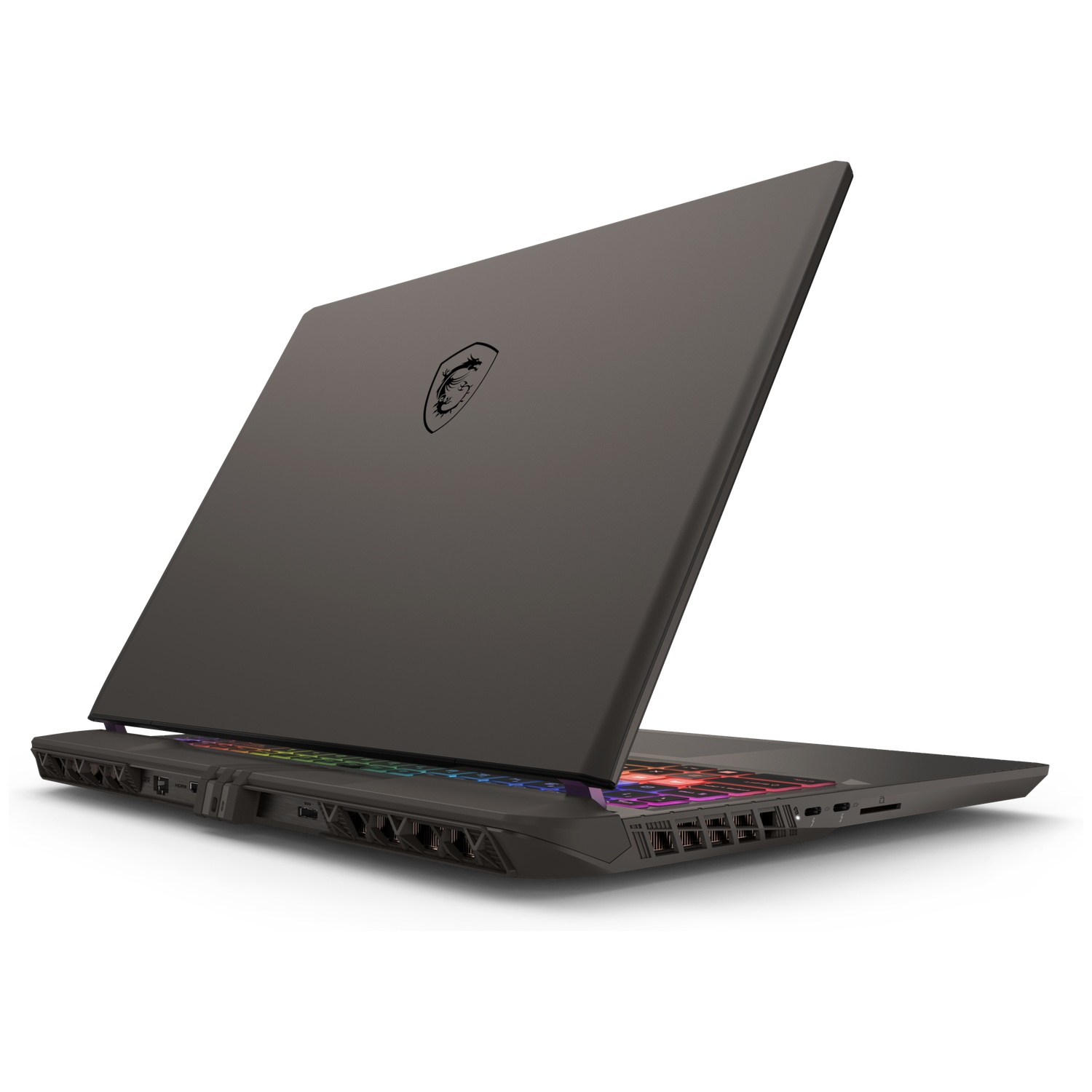 Dark gray MSI gaming laptop with a glowing keyboard and multiple ports.