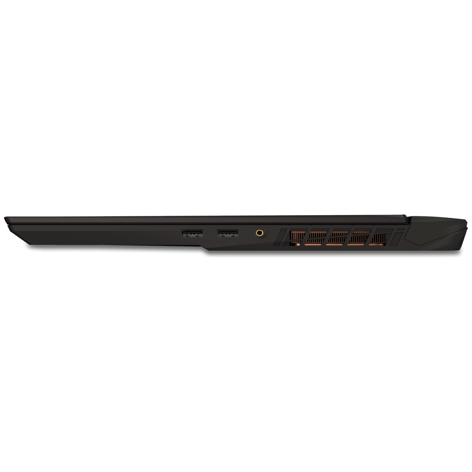 Black laptop with ports: 2 USB, audio jack, 5 Ethernet ports.