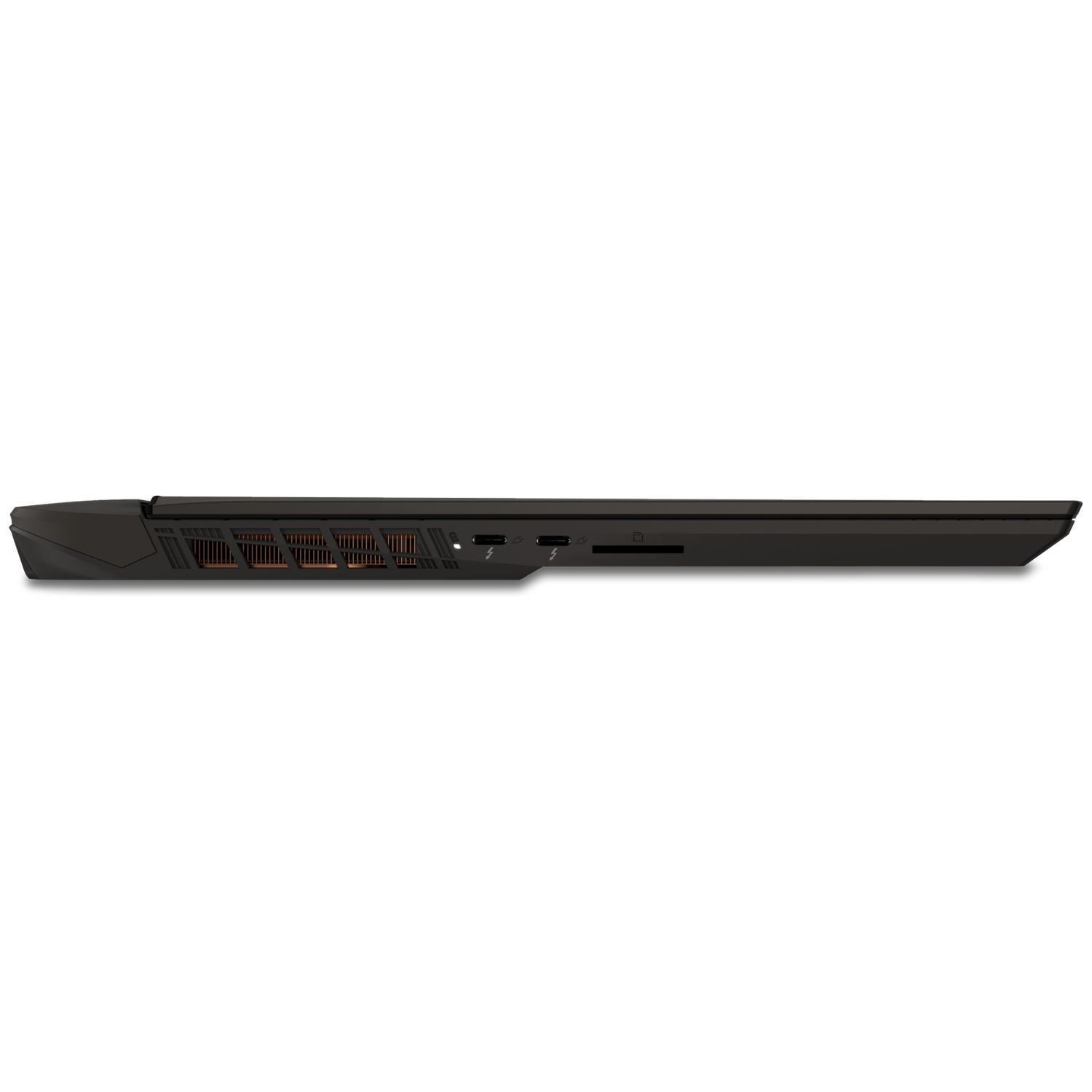 Side view of a black laptop, showing vents and ports.