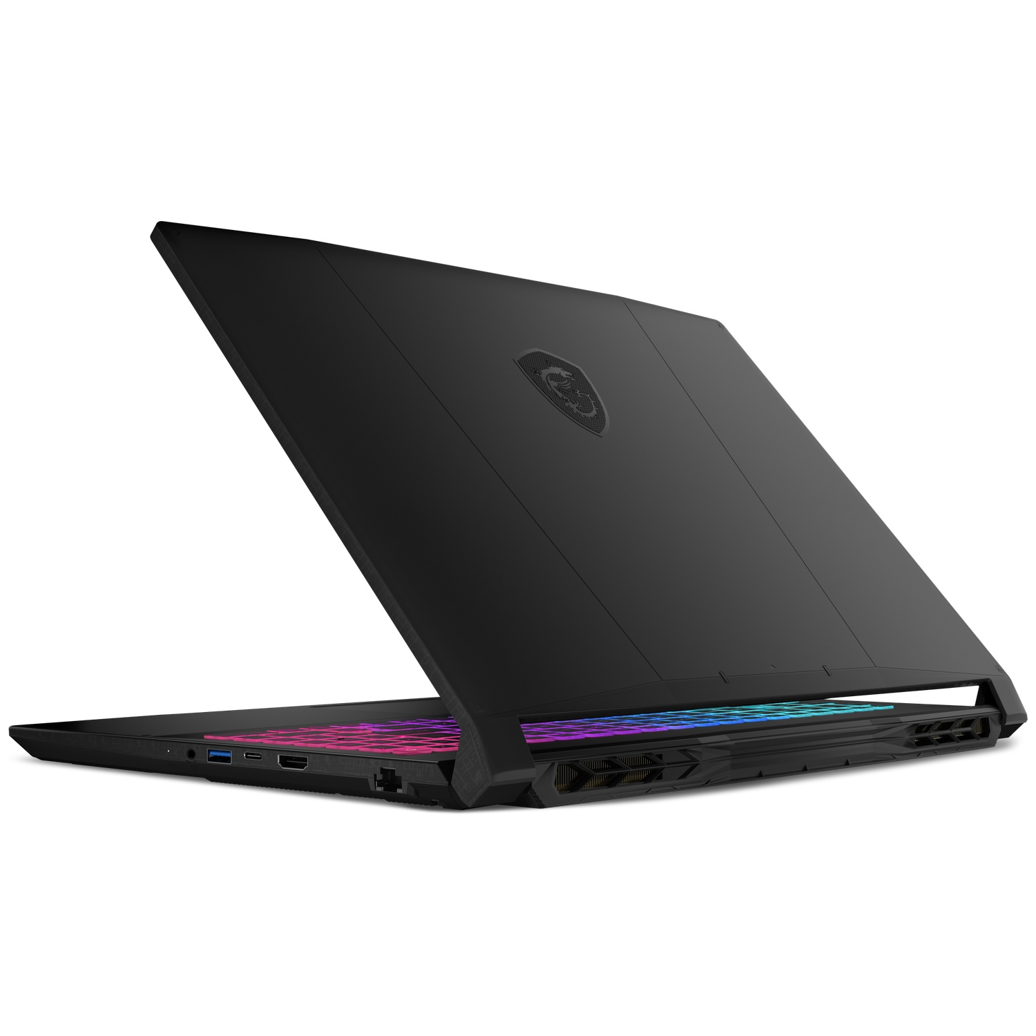 Black laptop with RGB keyboard, lid open, white background.
