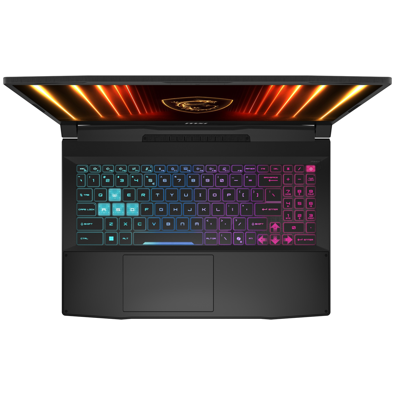 An open black laptop with a backlit keyboard and illuminated screen.