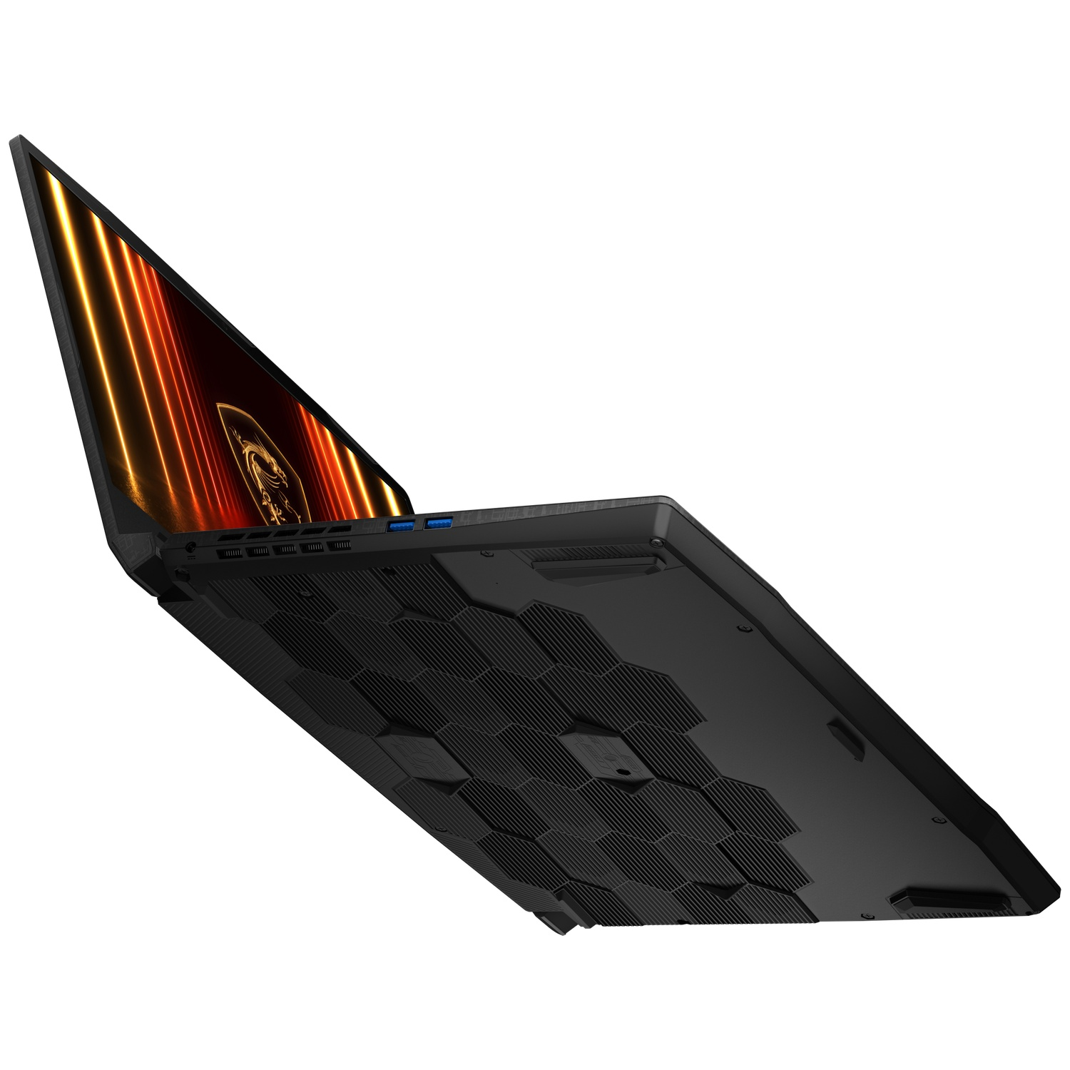 A black laptop with a lit screen showing orange lines and a hexagonal pattern on the bottom.