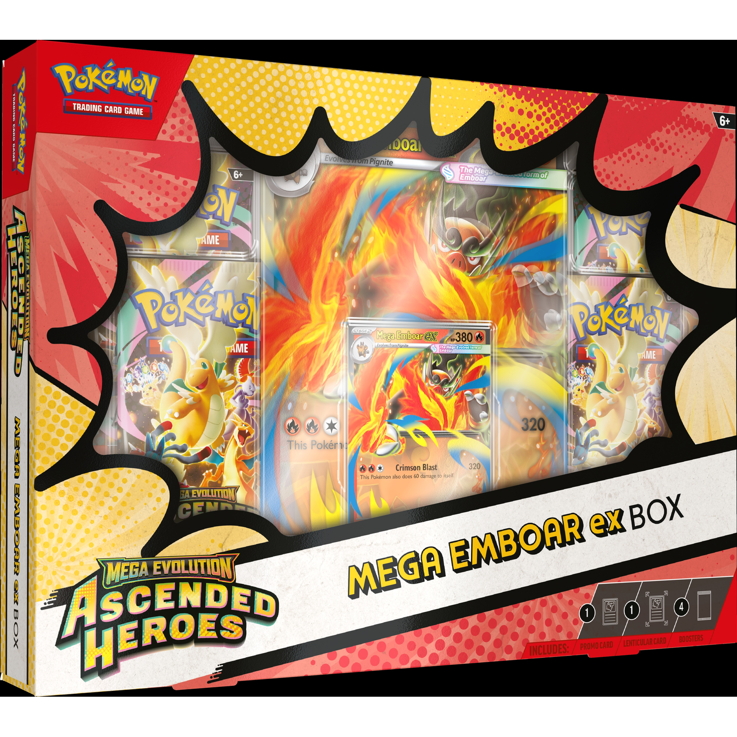 Mega Emboar EX Box met Pokémon kaarten en een Mega Emboar EX kaart.