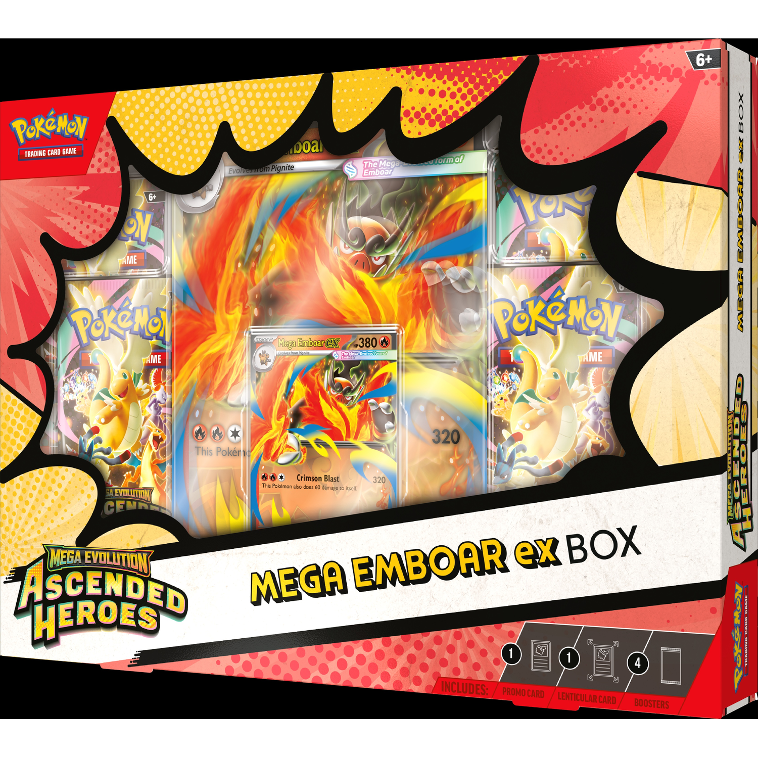 Pokemon Mega Emboar EX Box met kaarten, boosters, promo en lenticulair kaart.