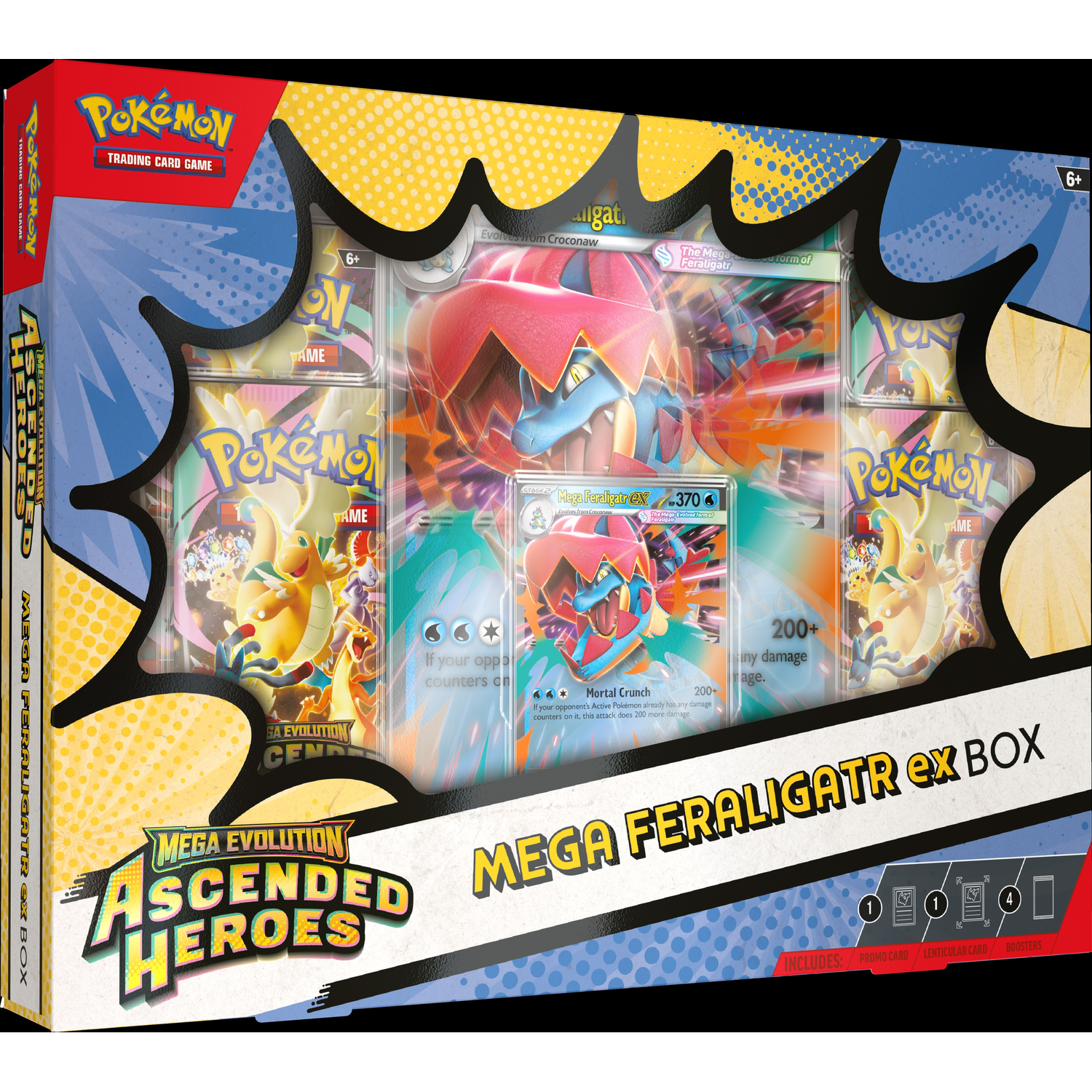 Pokémon Mega Feraligatr EX Box met kaarten en boosters. Blauwe en gele achtergrond.
