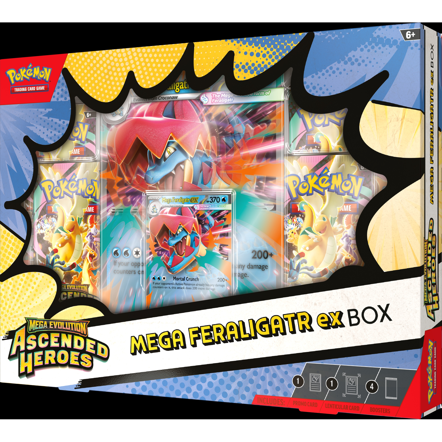 Mega Feraligatr ex Box met Pokémon kaarten, promokaart en boosterpakketten.