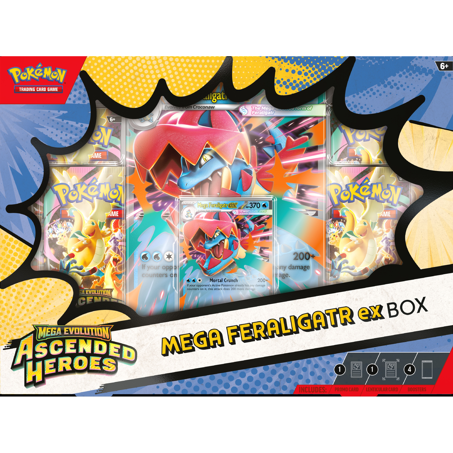Pokémon Mega Feraligatr EX doos met kaarten en boosters, rood en blauw design.
