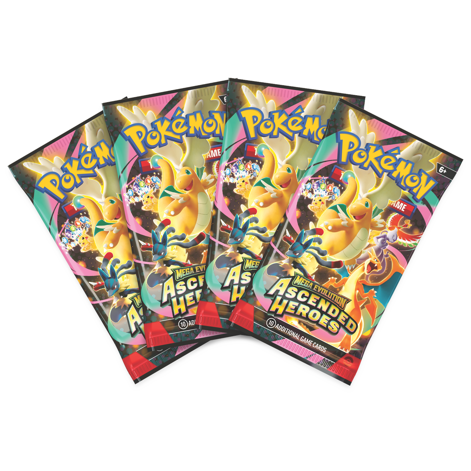 Vier Pokémon ruilkaartpakketten met Dragonite, Charizard en Lucario op zwarte achtergrond.