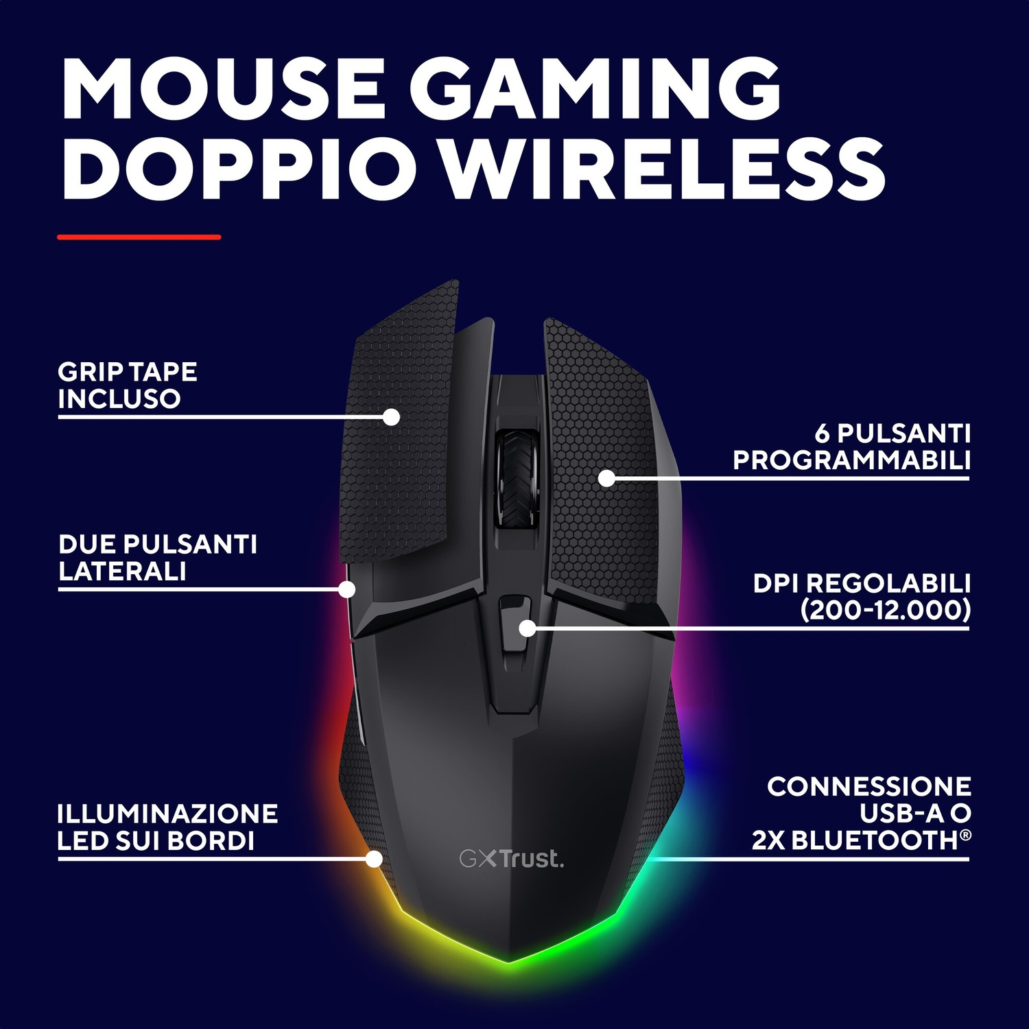 Mouse gaming nero con illuminazione RGB ed etichette.