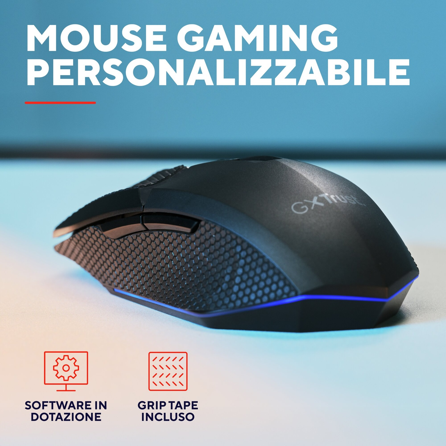 Mouse gaming nero con accenti LED blu, impugnatura testurizzata e icone per software e grip tape.