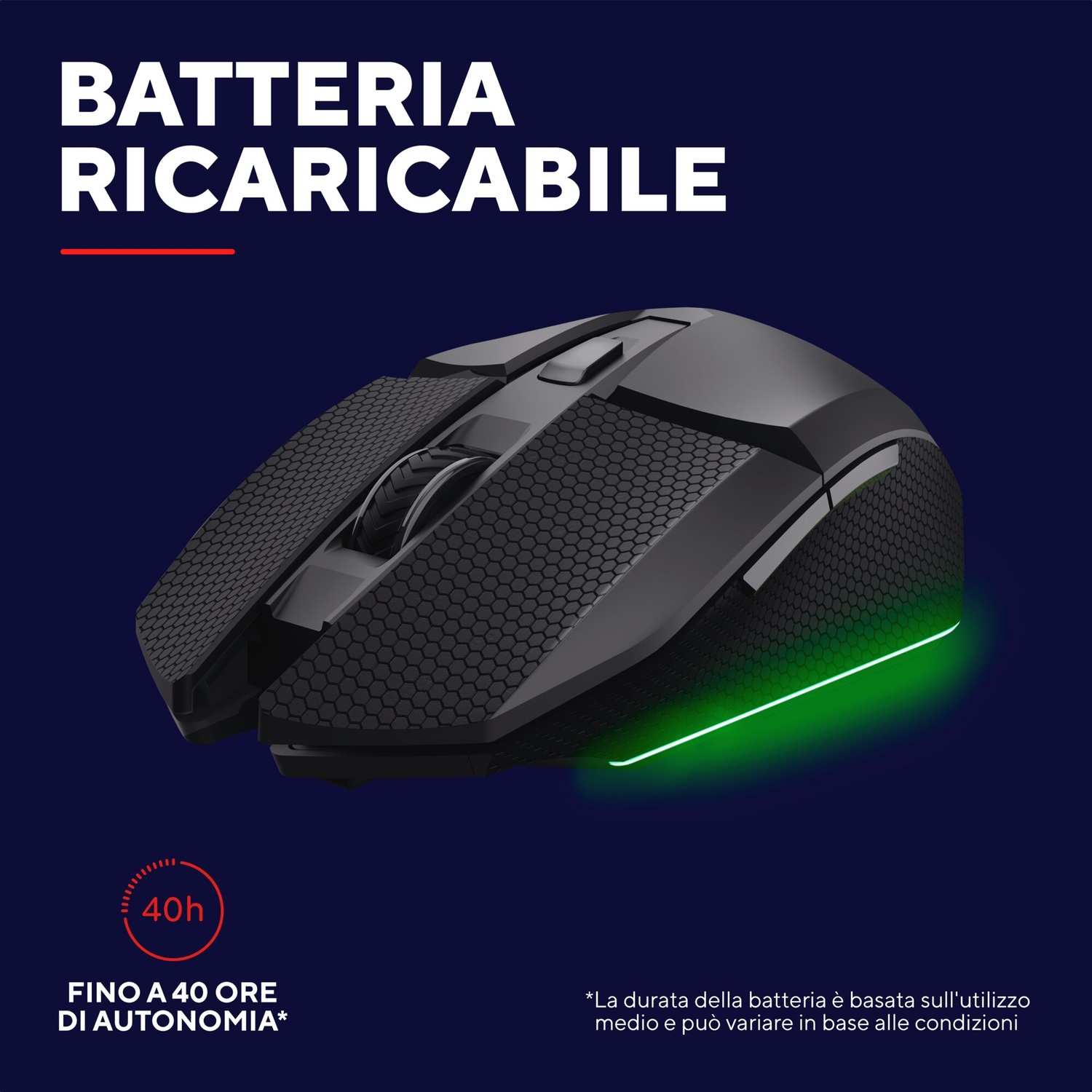 Mouse ricaricabile nero con 40h di autonomia e illuminazione verde.