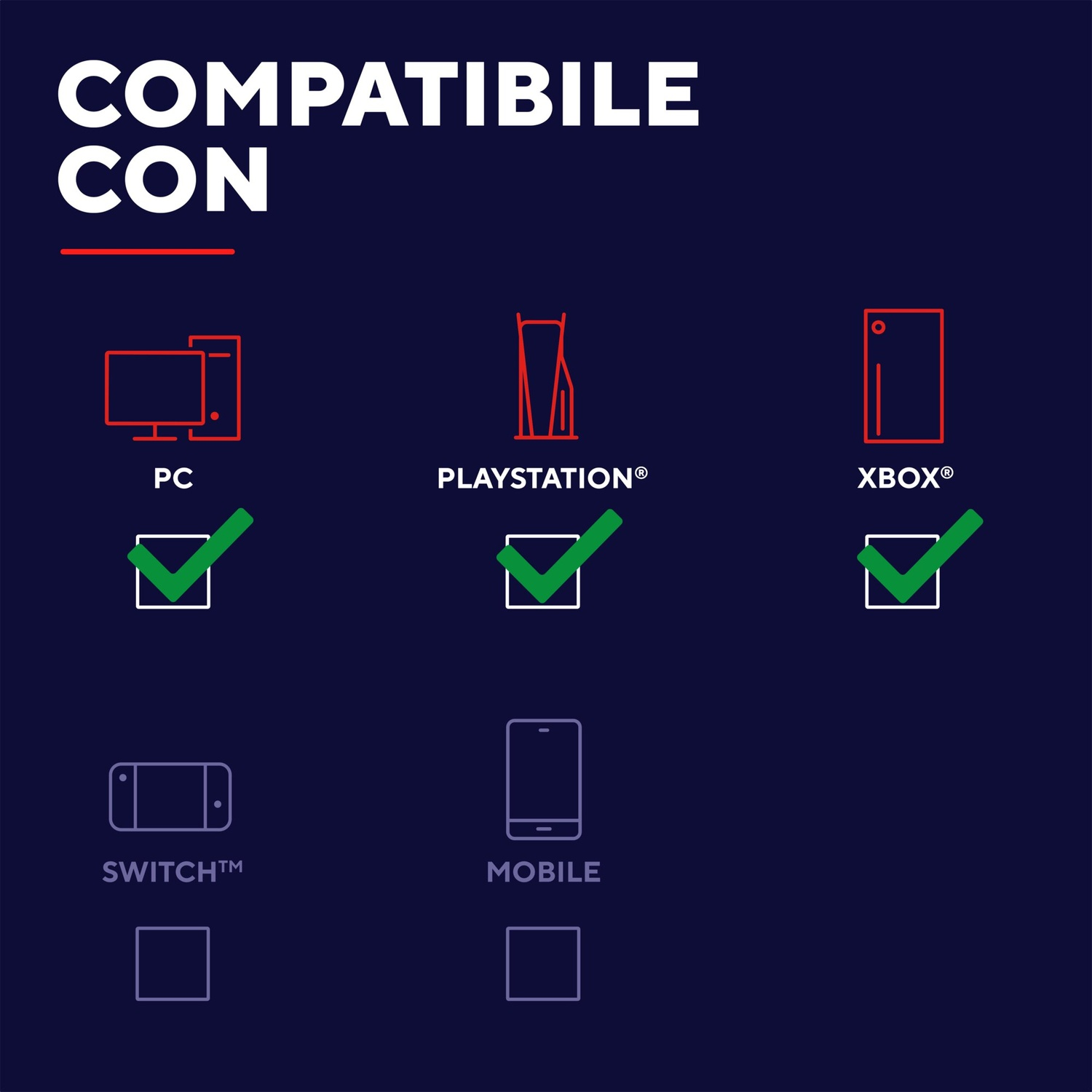 Compatibile con PC, PlayStation, Xbox, Switch e dispositivi mobili.