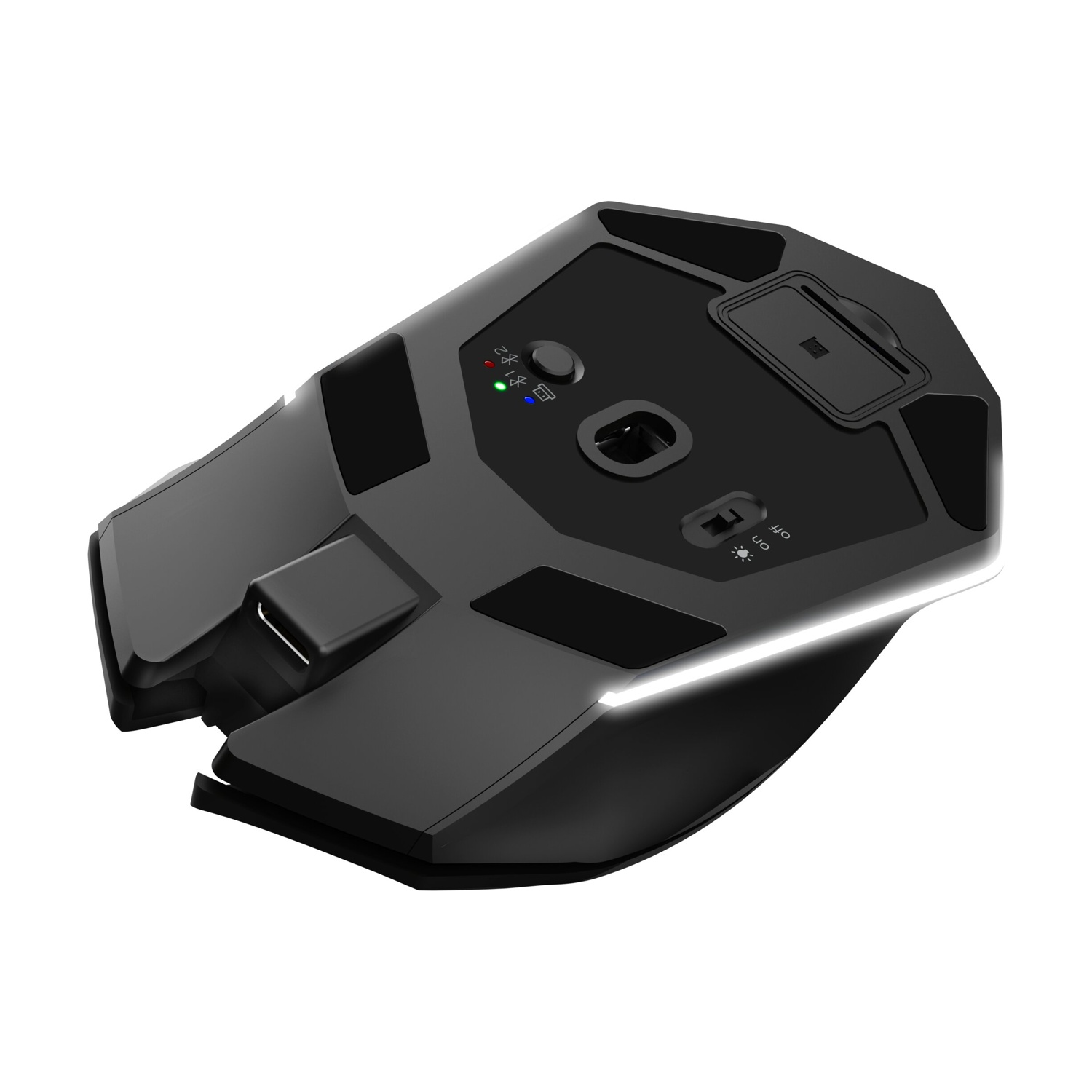 Parte inferiore di un mouse da gaming nero con luci e interruttori.