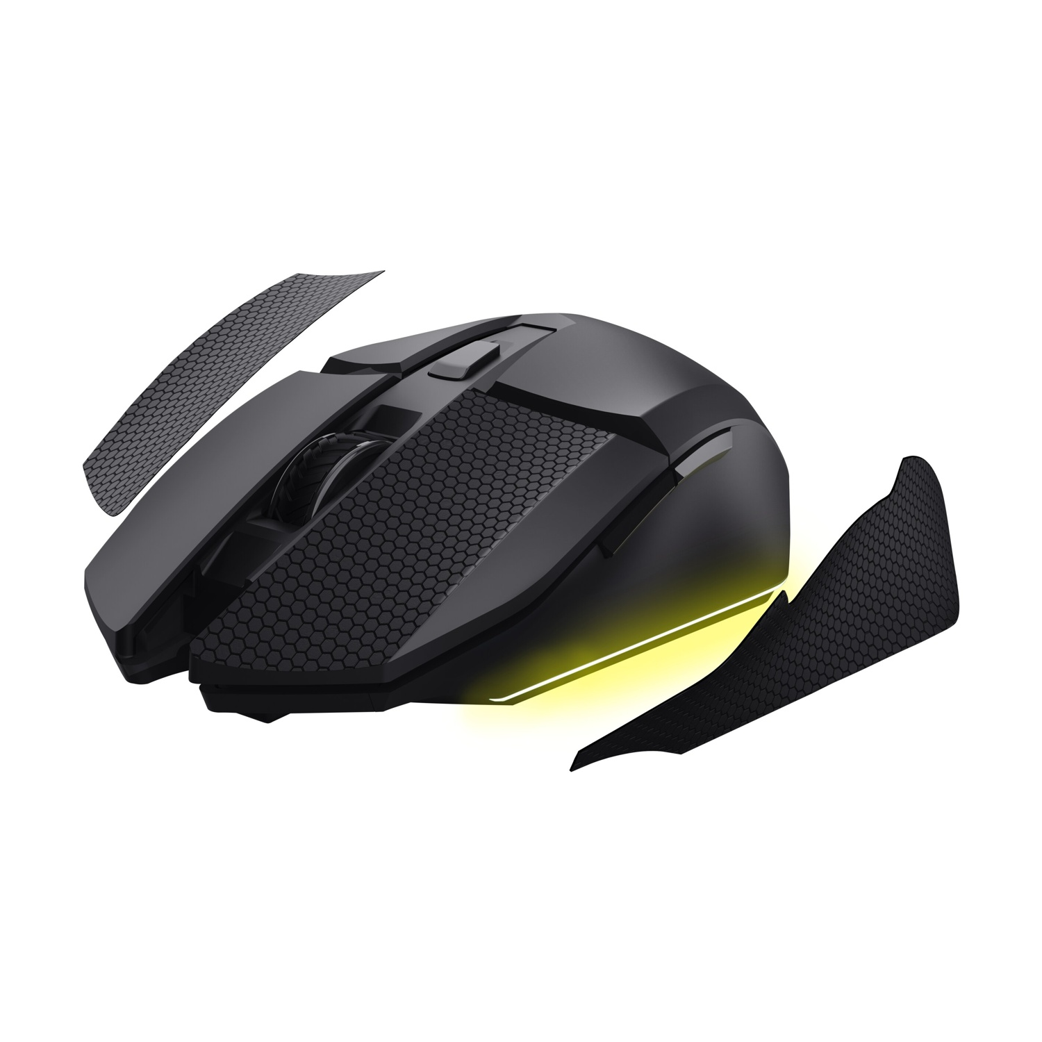 Mouse da gaming nero con illuminazione gialla e adesivi grip separati.