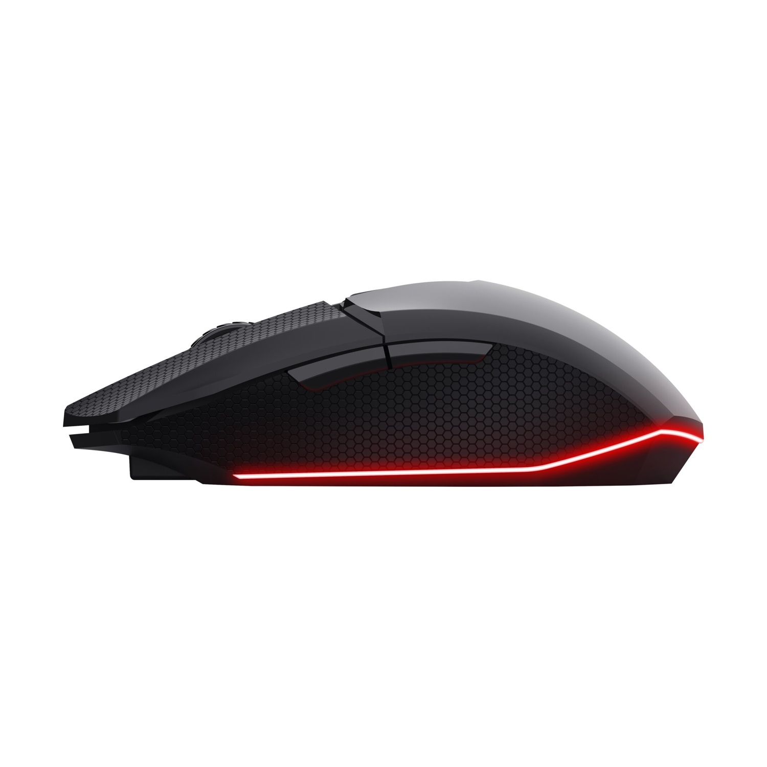Mouse da gaming nero con accenti LED rossi e motivo a nido d'ape.