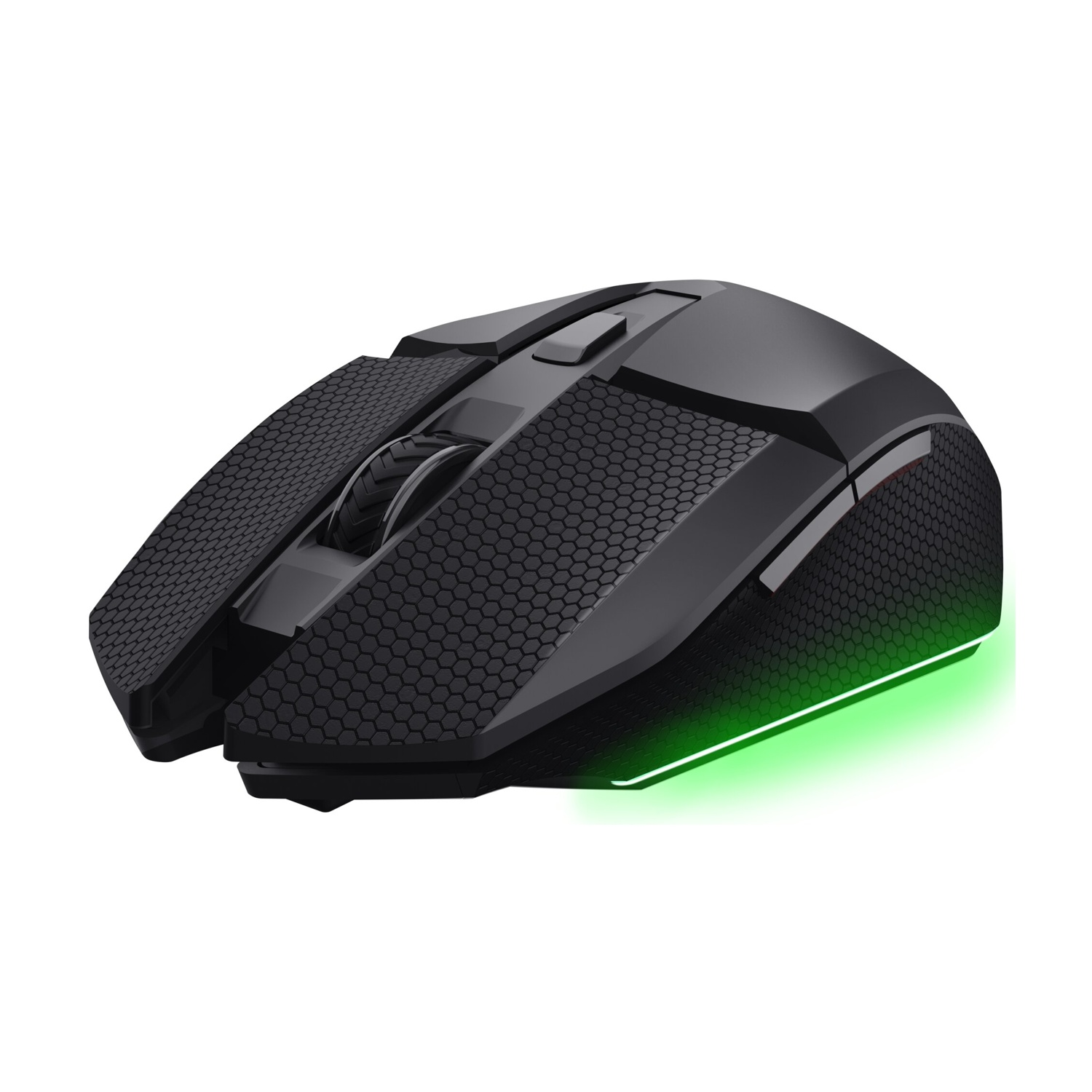 Mouse gaming nero con impugnatura in gomma e illuminazione verde.