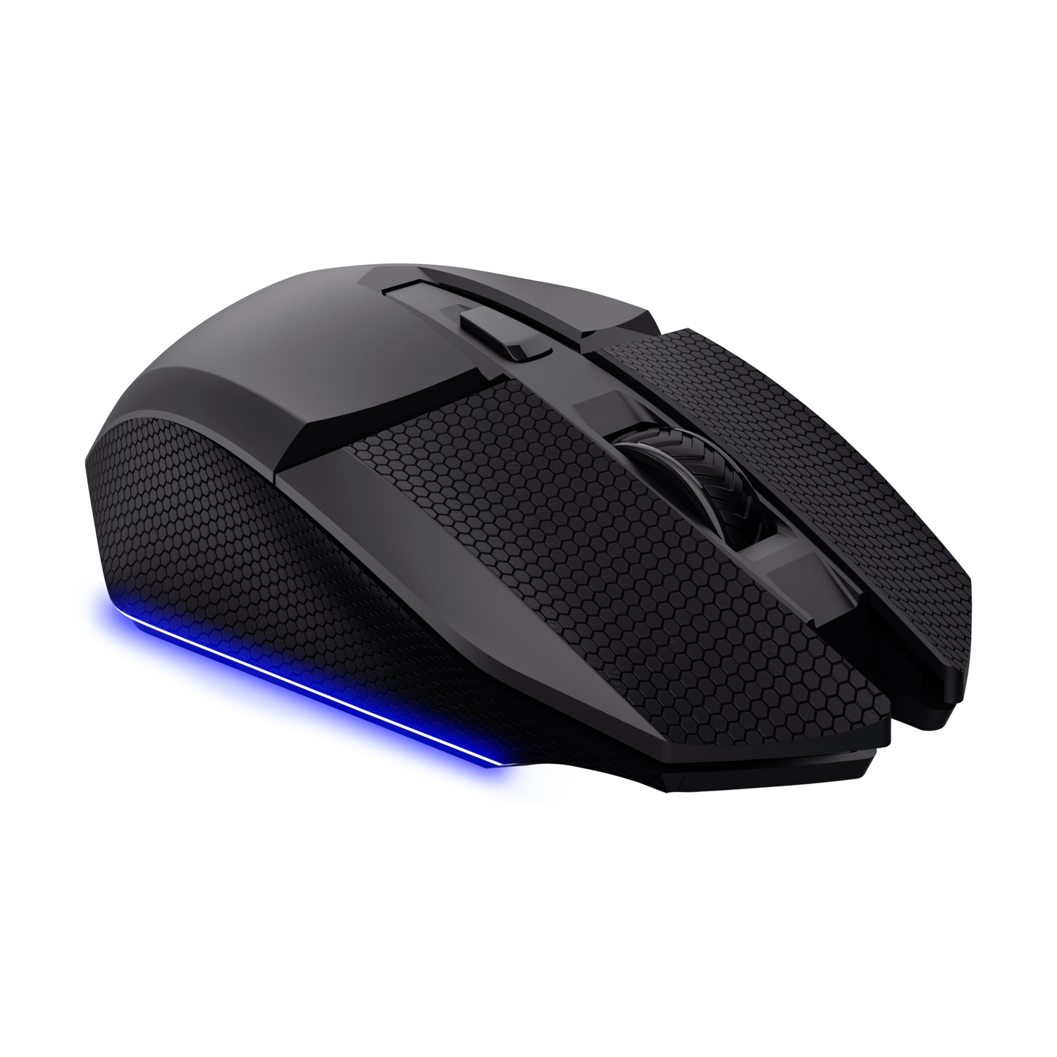 Mouse da gaming nero con illuminazione LED blu e motivo a nido d'ape.