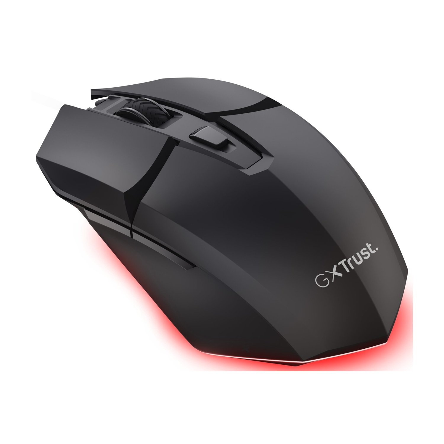Mouse gaming nero con illuminazione rossa e logo GXT Trust.