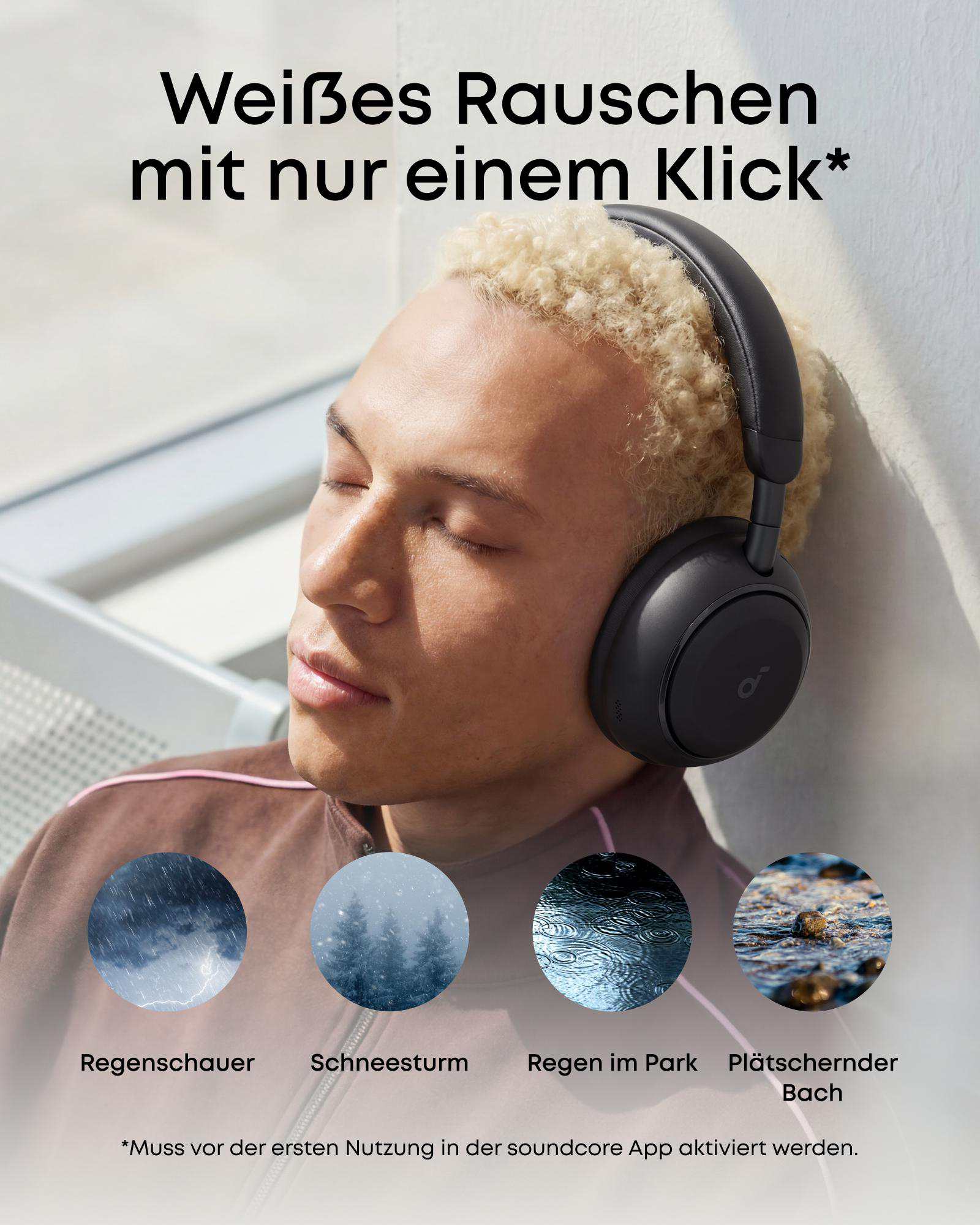 Mann mit Kopfhörern entspannt, vier Bilder von Geräuschen: Regen, Schnee, Park, Bach.