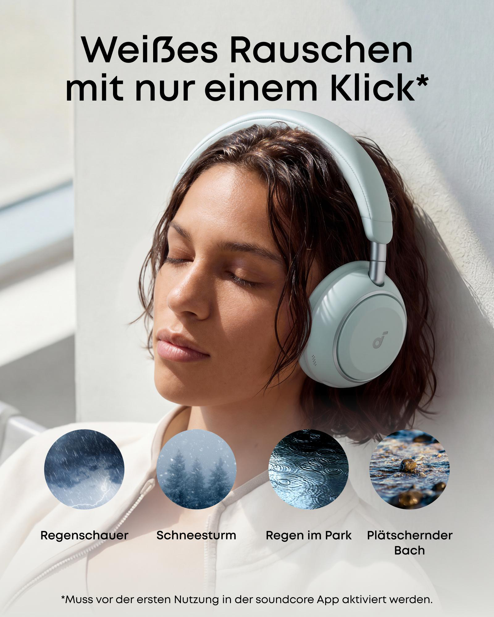Frau mit Kopfhörern hört Naturgeräusche: Regen, Schnee, Bach.