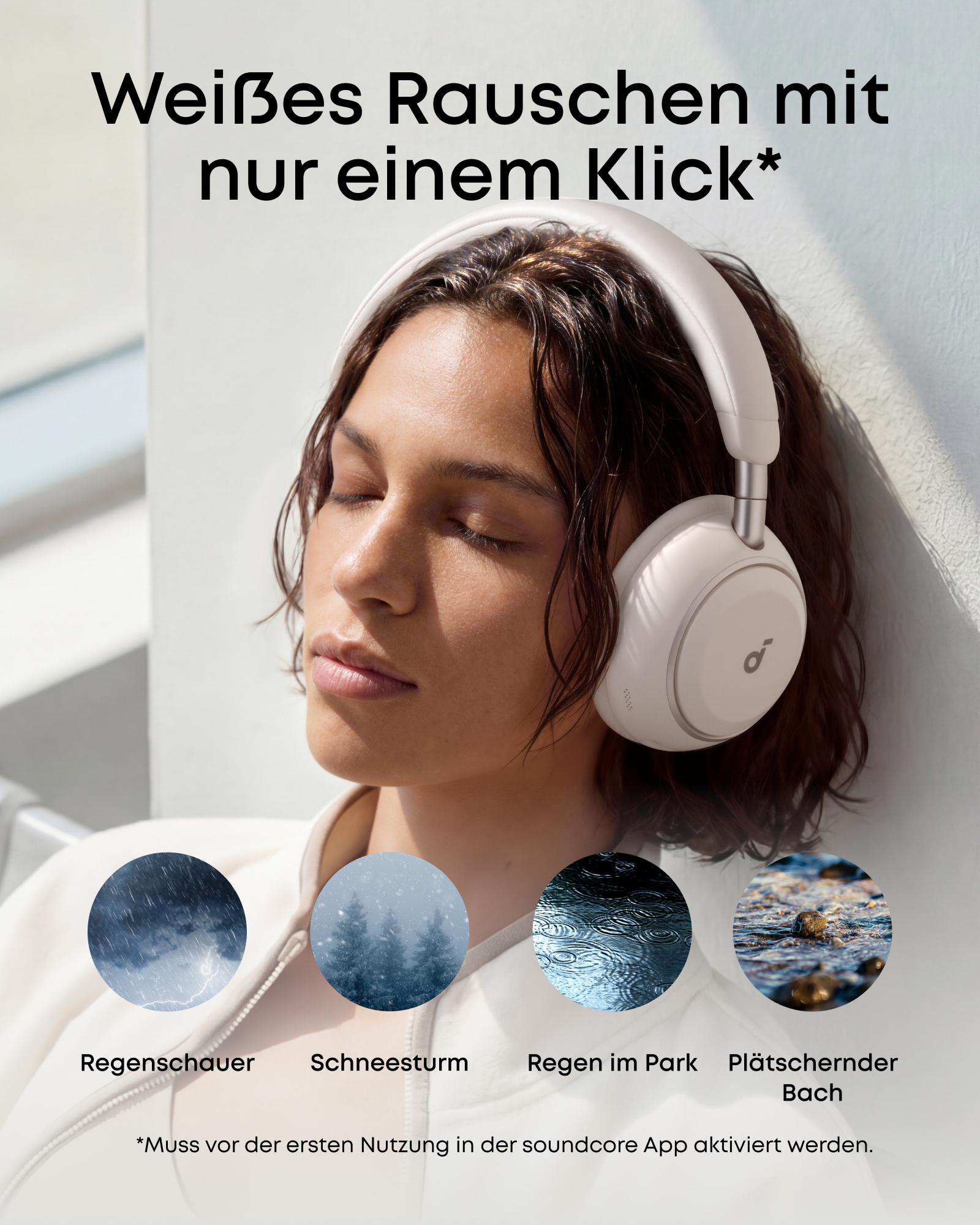 Frau mit Kopfhörern, die auf vier Naturgeräusche-Bildern basiert.