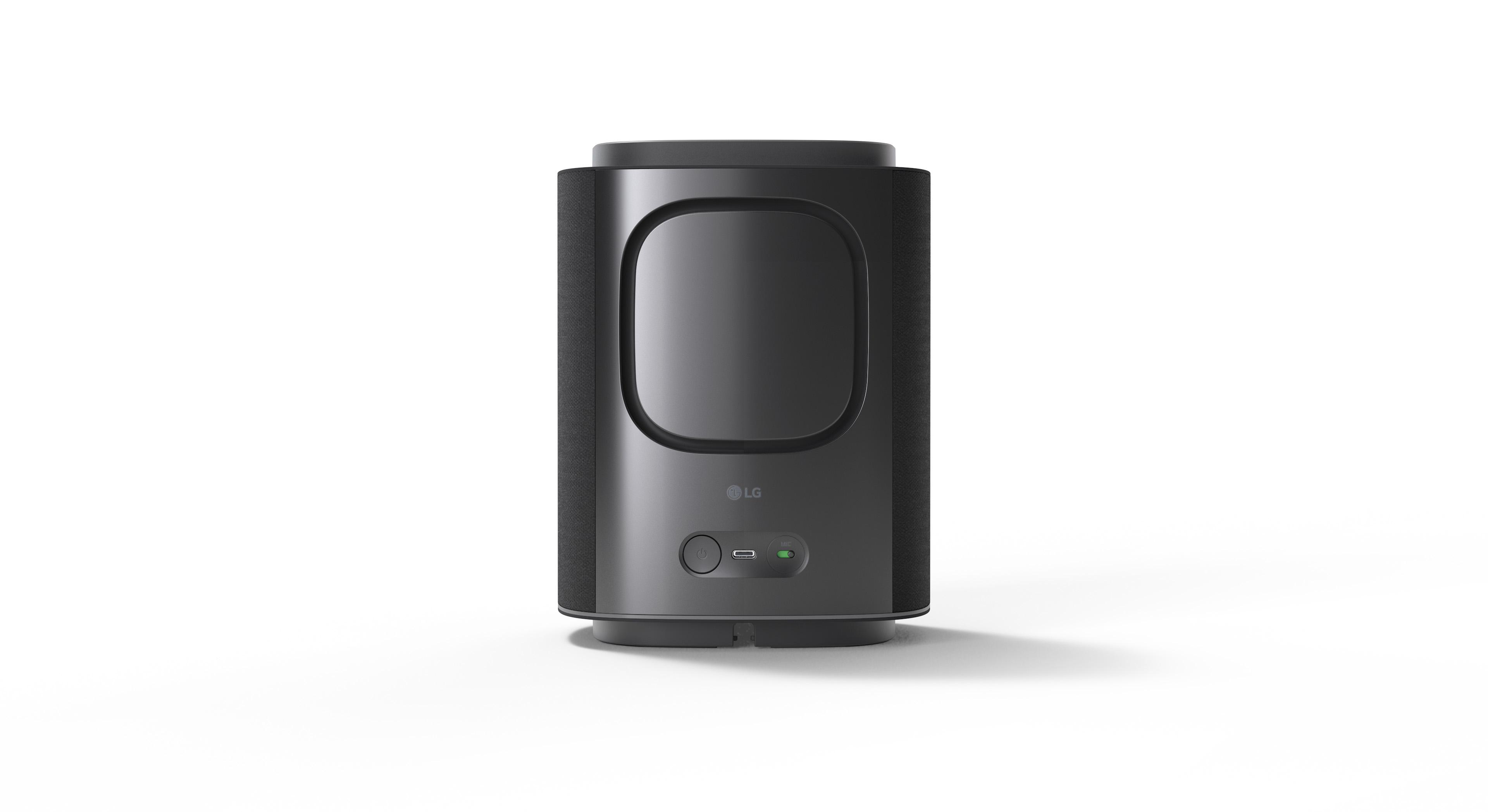 Schwarzer LG Lautsprecher mit einem glatten, ovalen Element auf der Vorderseite.