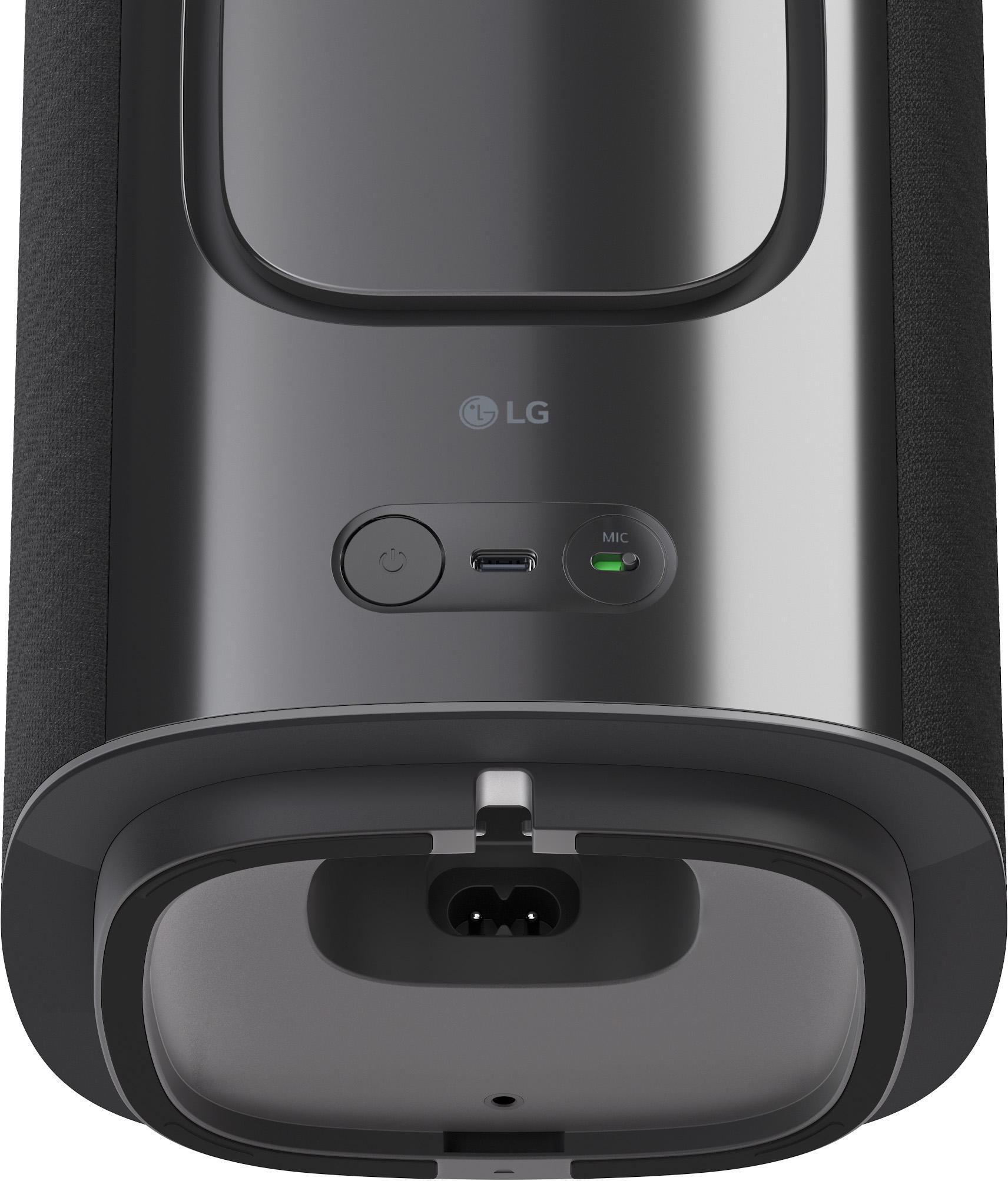 Schwarzer LG Lautsprecher mit Power-Knopf, USB-Port und Mikrofon-Schalter.