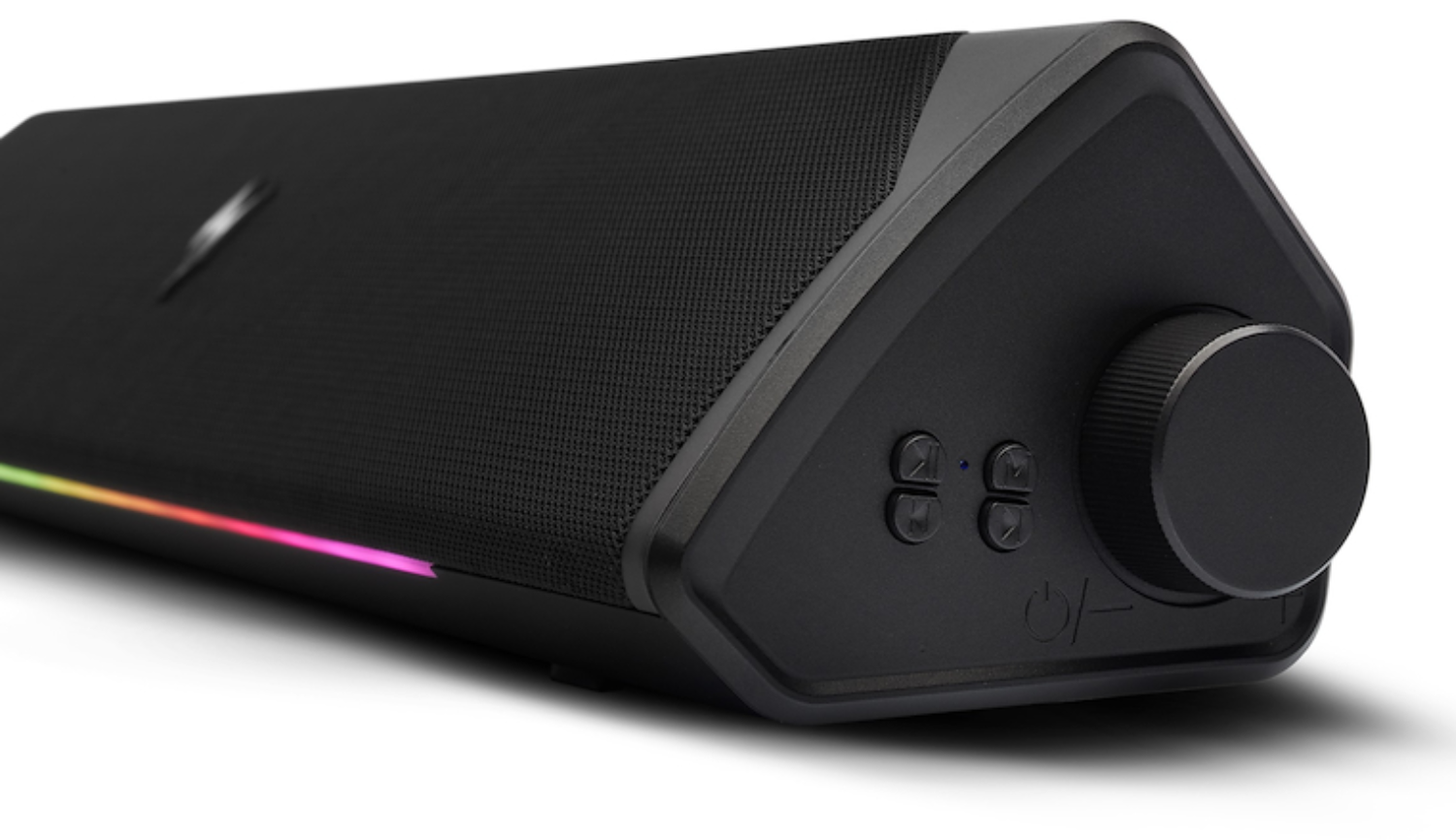 Altavoz negro con perilla y botones, con iluminación RGB.