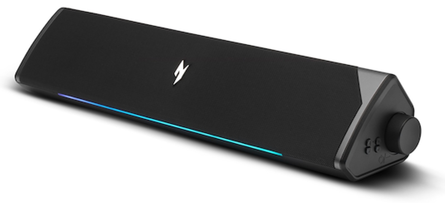 Altavoz negro con tira de luz azul, logo de rayo y mando giratorio.