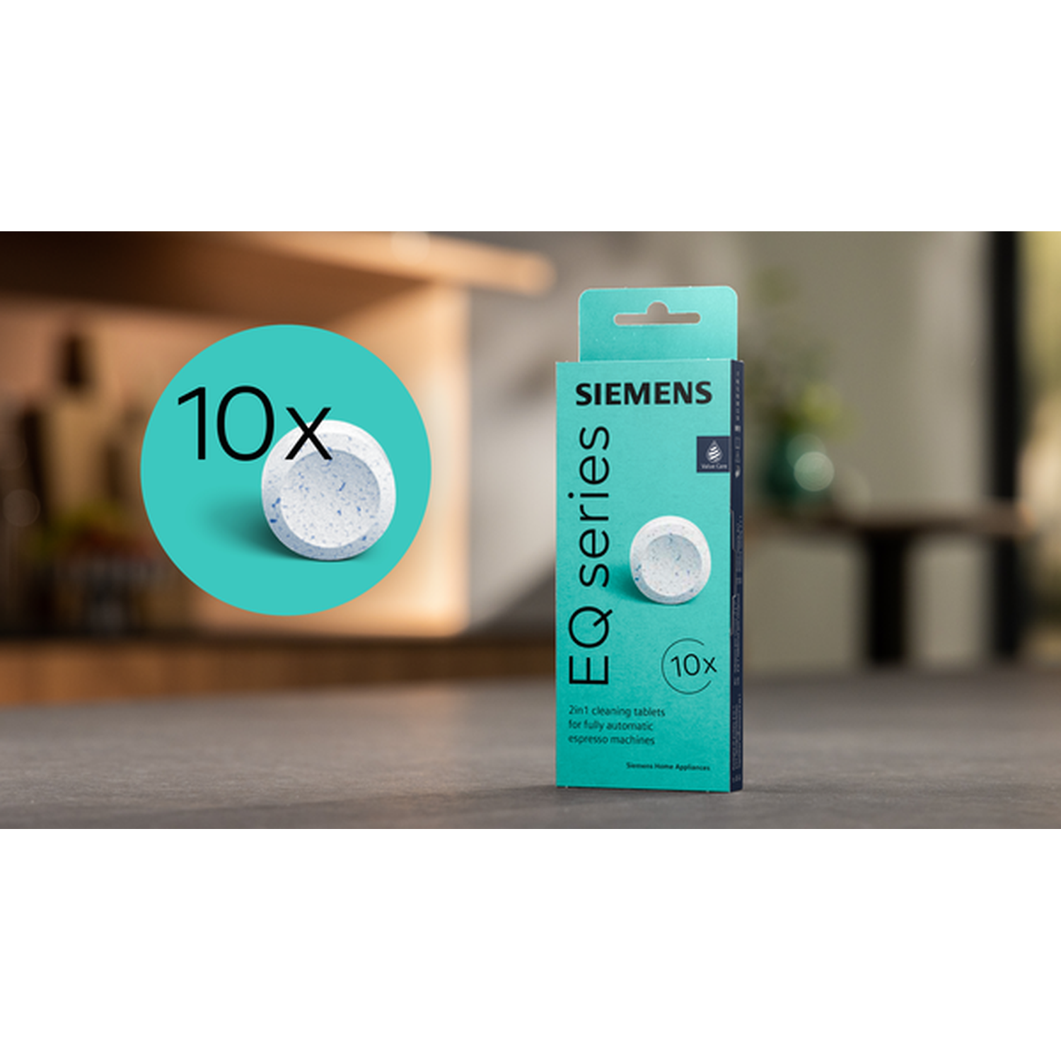 Siemens EQ Series cleaning tablets, 10x in blister pack and circle graphic