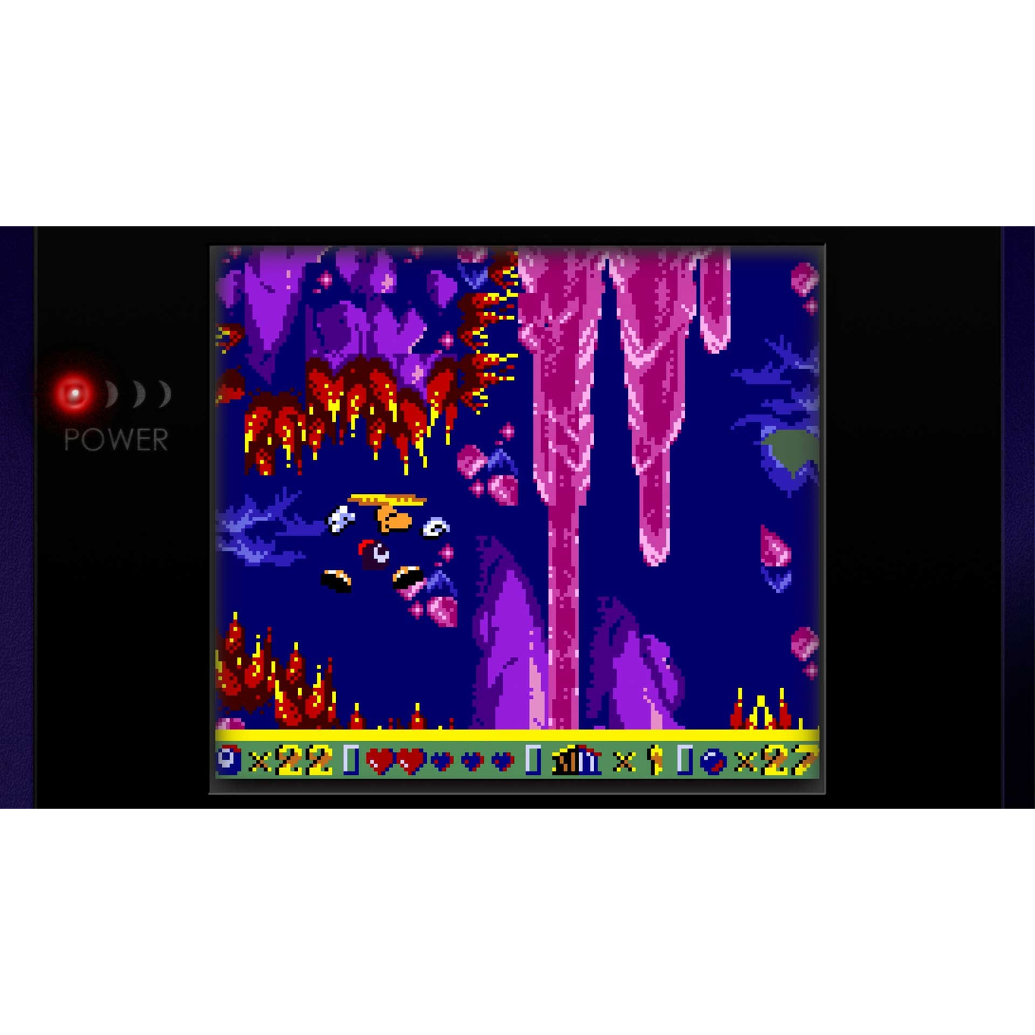 Schermata di videogioco retrò con flora viola e rossa, sfondo blu e barra HUD.