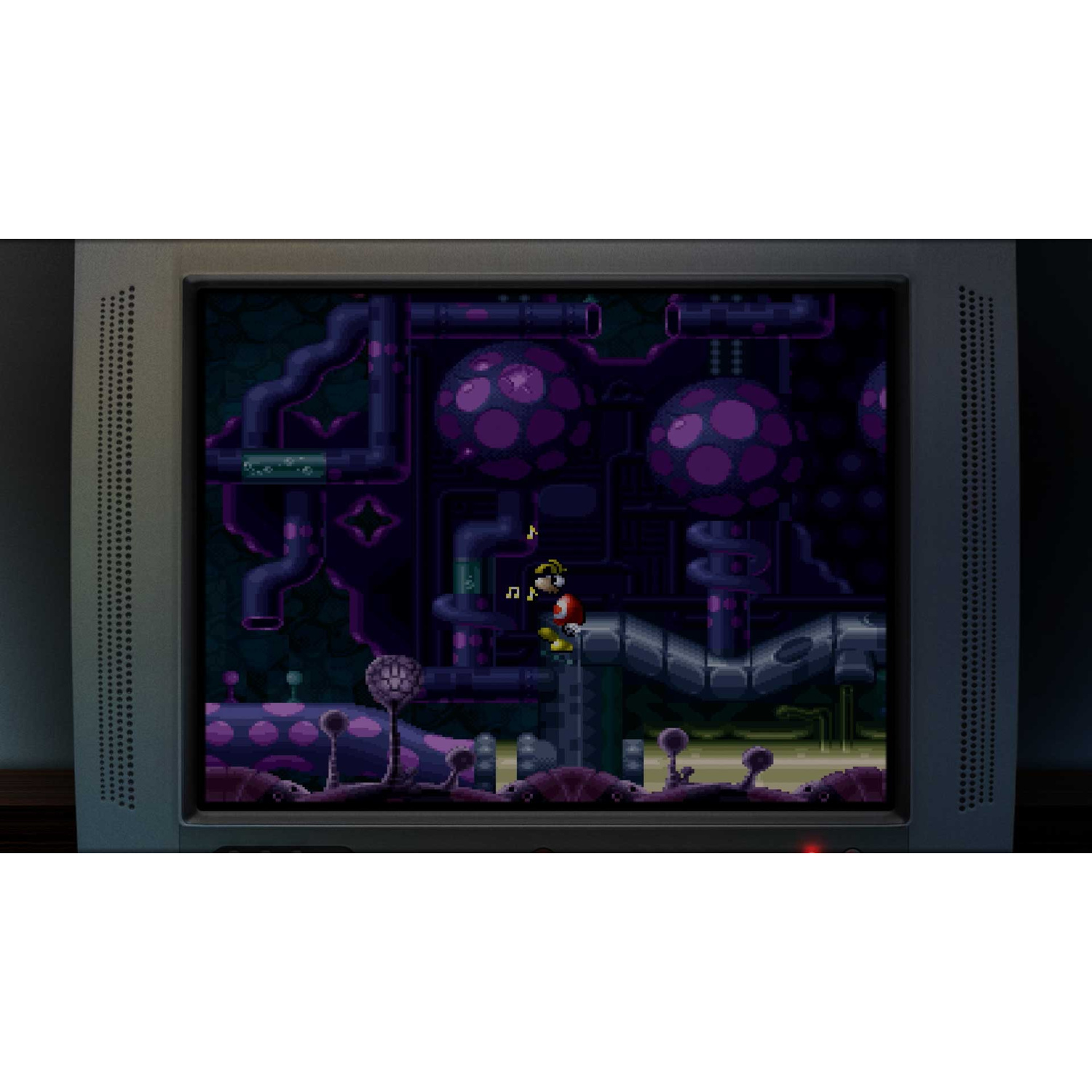 Rayman sta su una piattaforma davanti a tubi e funghi viola.