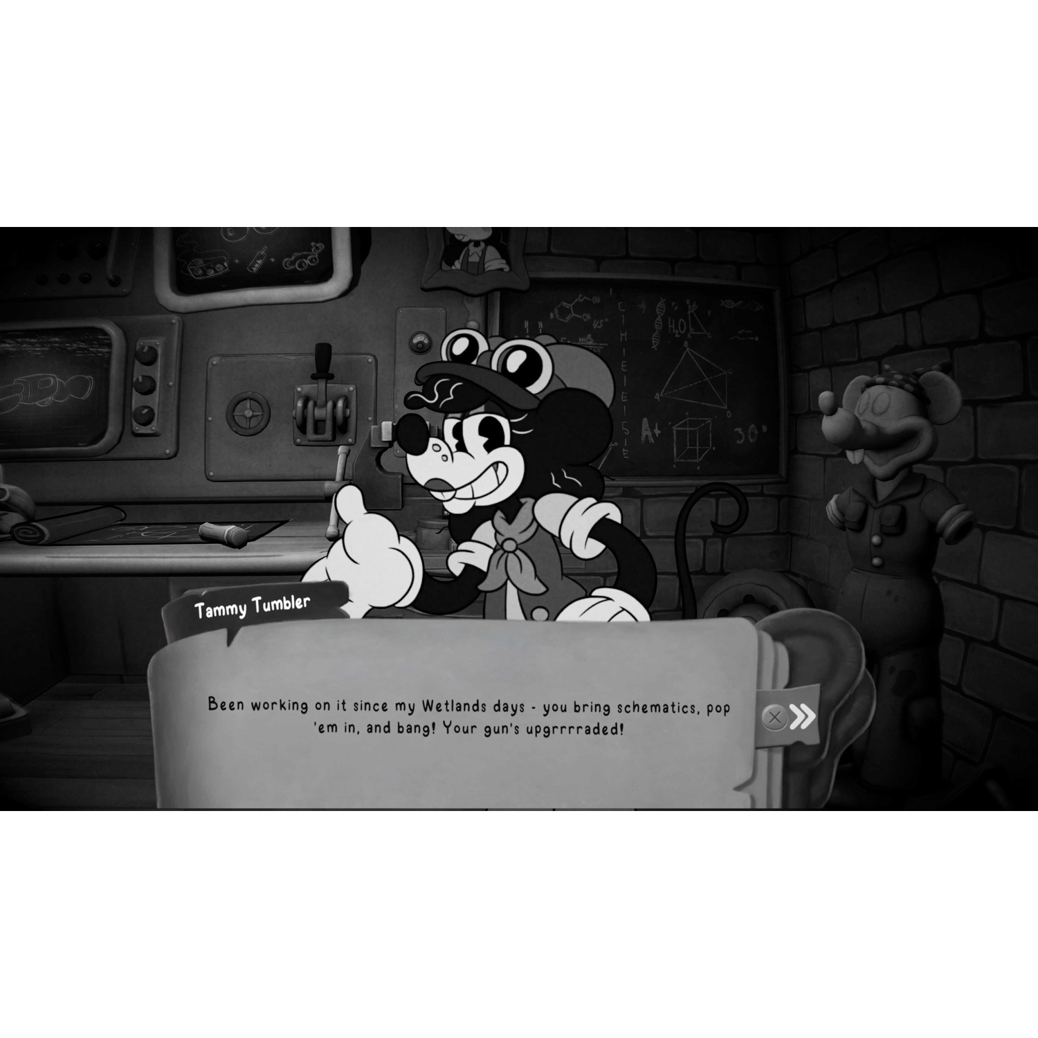 Topo dei cartoni animati in bianco e nero parla in un laboratorio. Un altro topo a destra.
