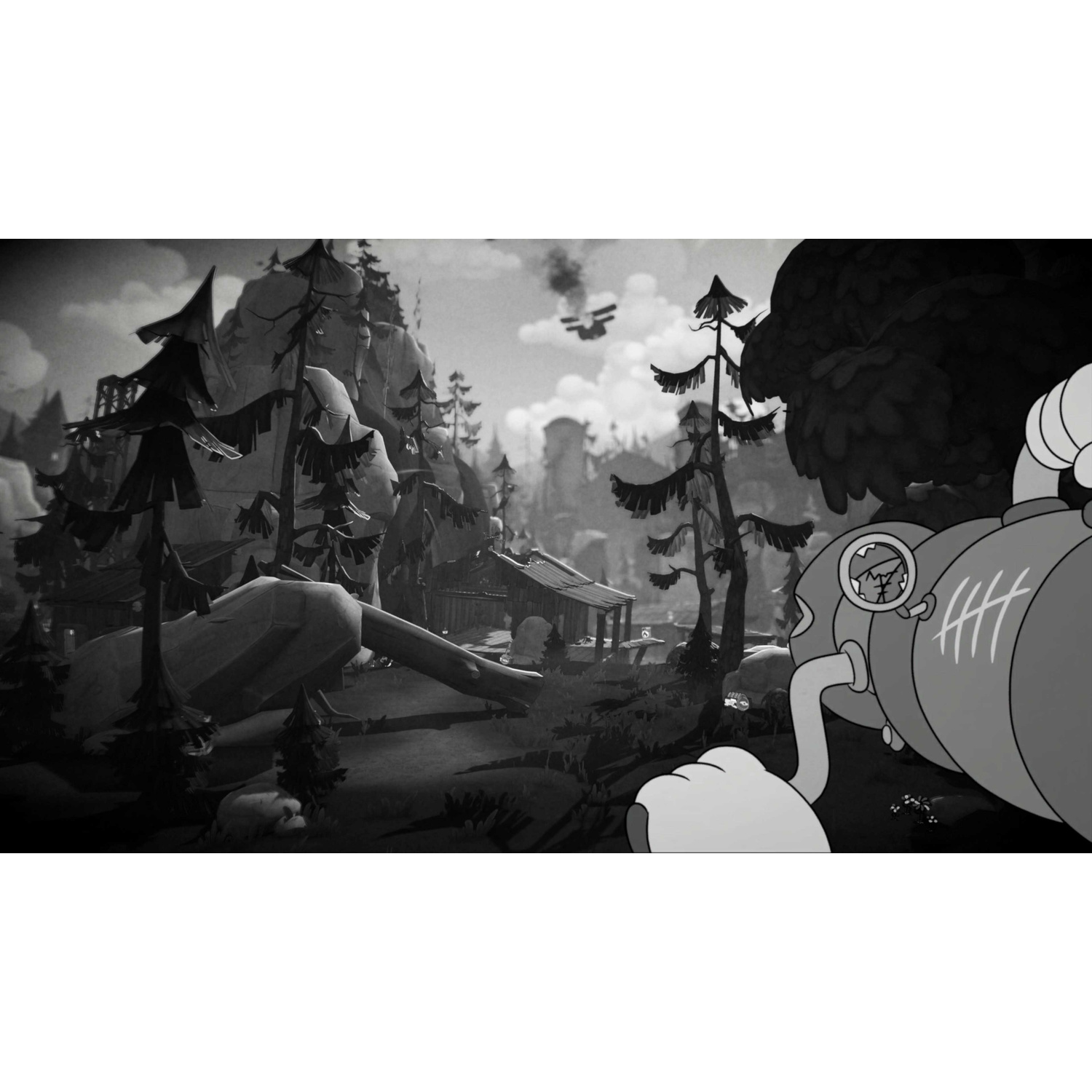Un braccio robotico gigante osserva una scena a cartoni animati con un uomo gigante caduto e un aeroplano.