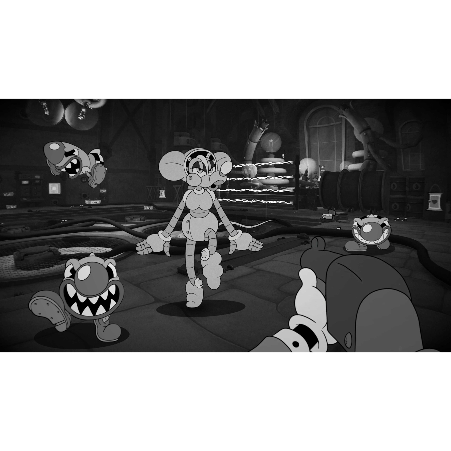 Topolino robot e nemici in un ambiente di fabbrica con ingranaggi e lampade.