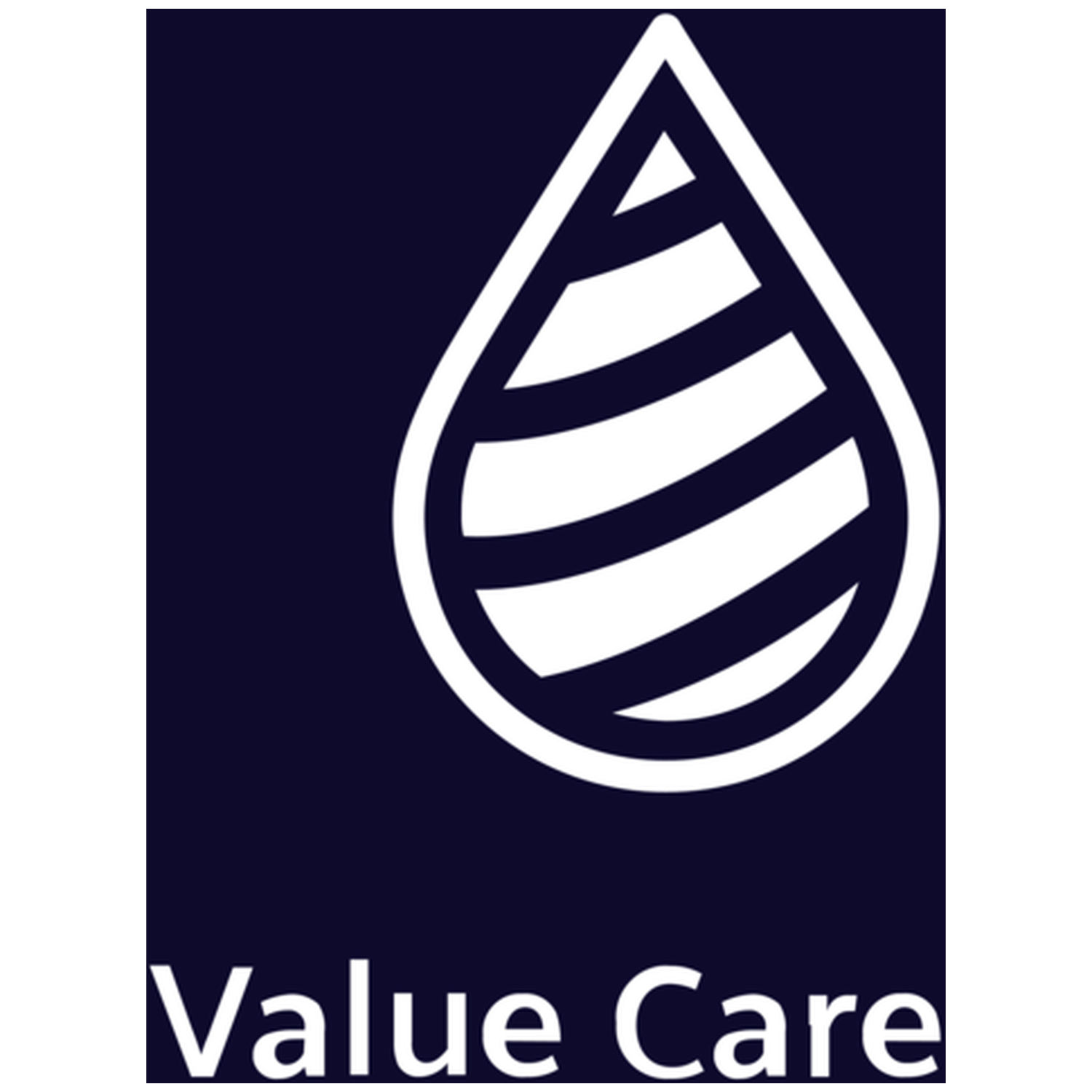 A white drop icon with stripes on a dark blue background, with text below.