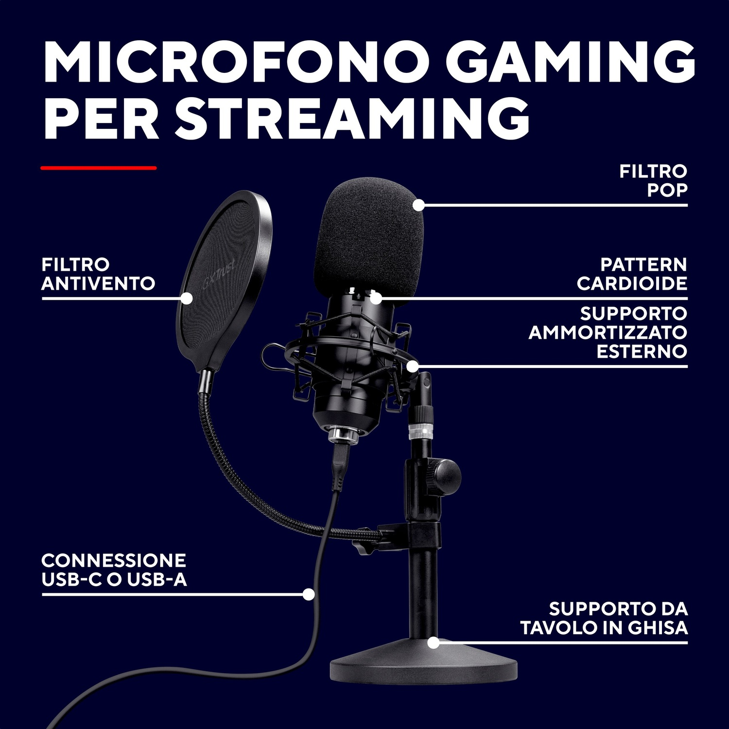 Microfono gaming con filtro antivento, filtro pop, pattern cardioide, supporto ammortizzato.