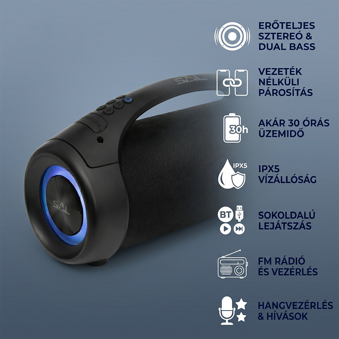 Fekete Bluetooth hangszóró fogantyúval és kék fényekkel.