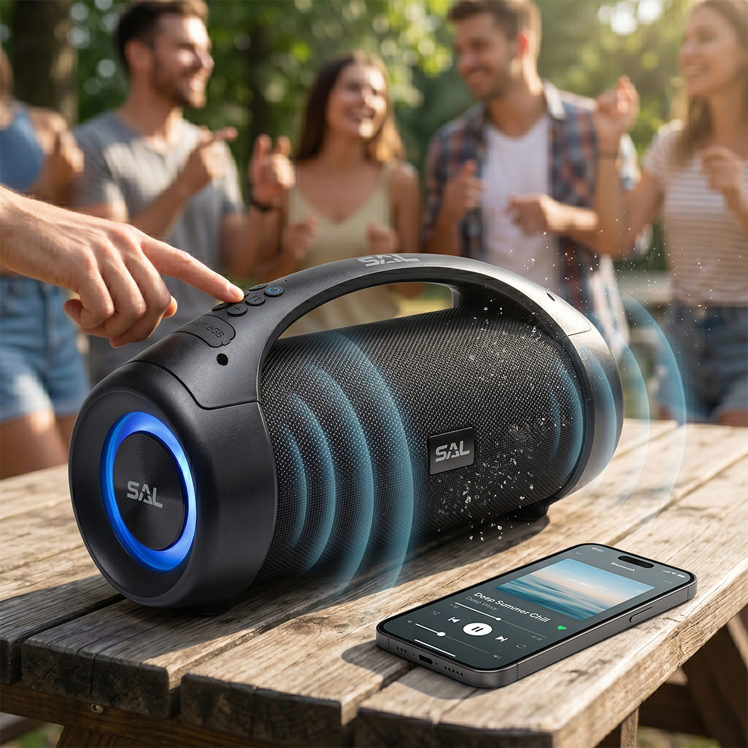 Egy férfi egy fekete, kék világítású Bluetooth hangszórót kezel egy faasztalon.