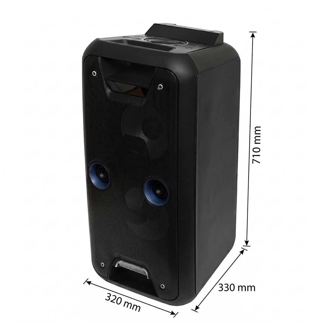 Fekete Bluetooth hangszóró két kék magassugárzóval és méretekkel.