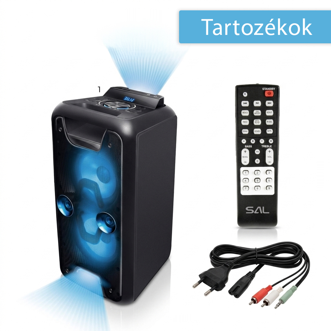Fekete hangszóró kék fényekkel, távirányítóval és kábelekkel.
