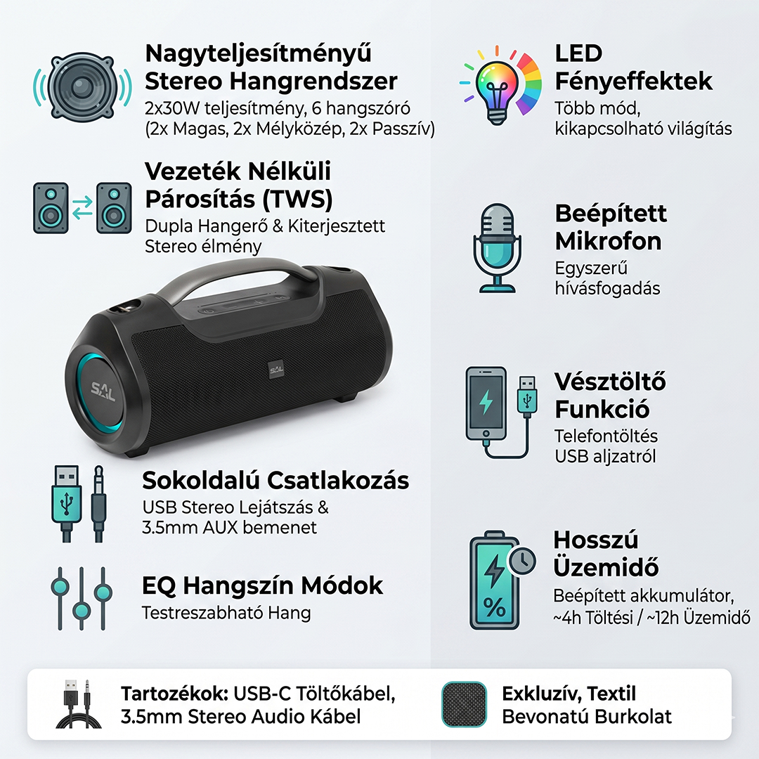 Fekete hordozható hangszóró fogantyúval, világító kezelőszervekkel és részletes funkciólistával.