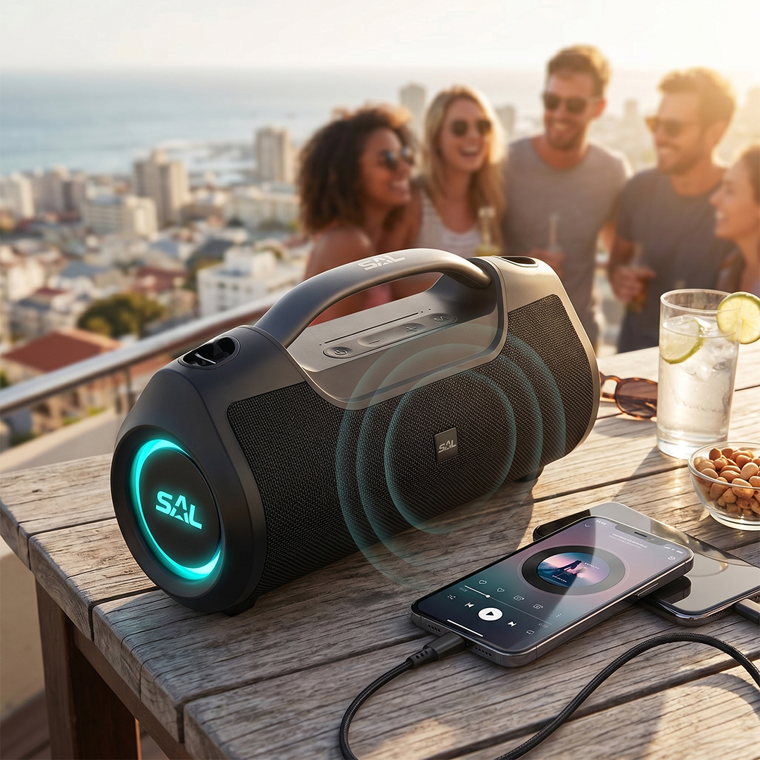 Fekete Bluetooth hangszóró kék fénnyel, mellette telefon és italos pohár az asztalon.