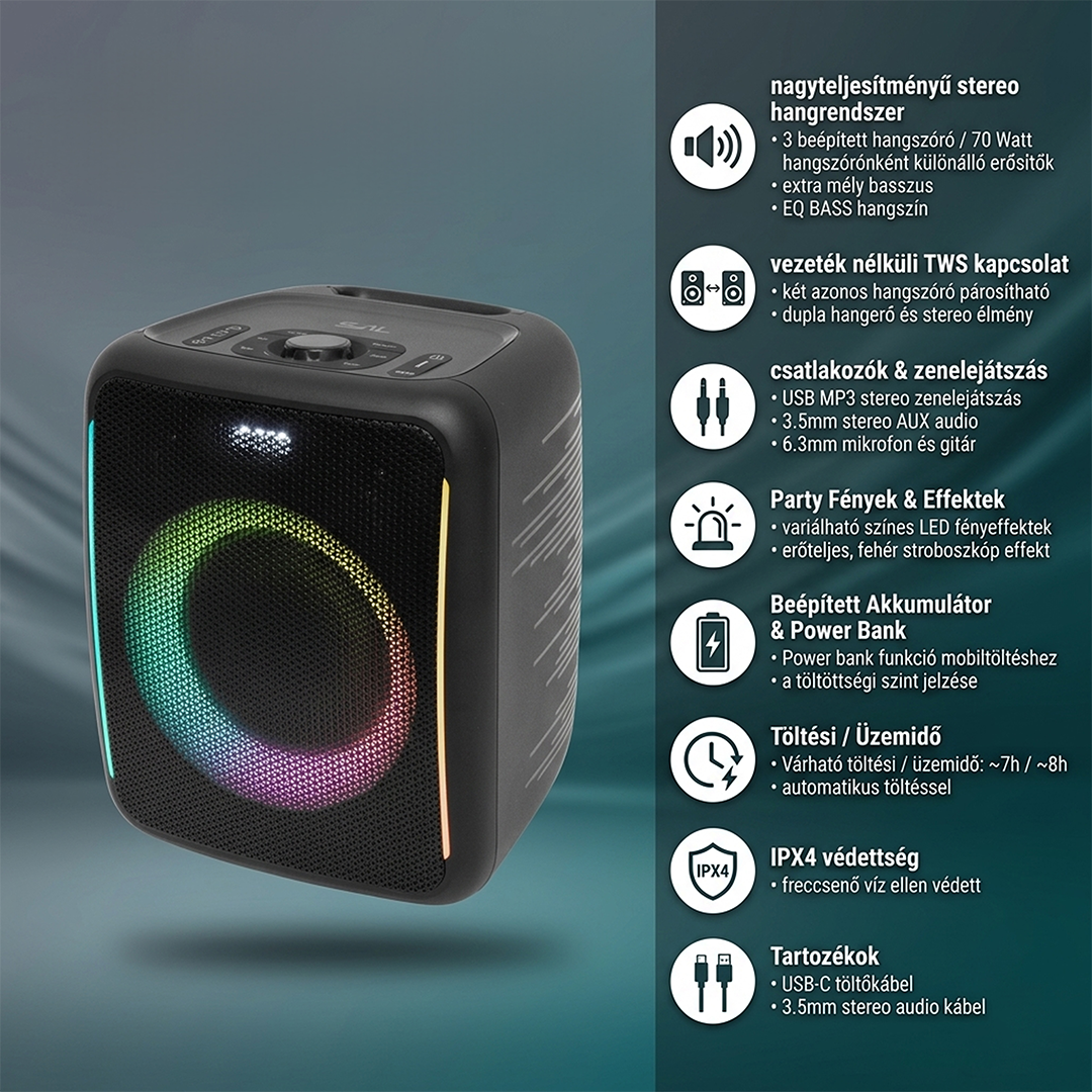 Fekete Bluetooth hangszóró RGB fénygyűrűvel és kezelőpanellel a tetején.