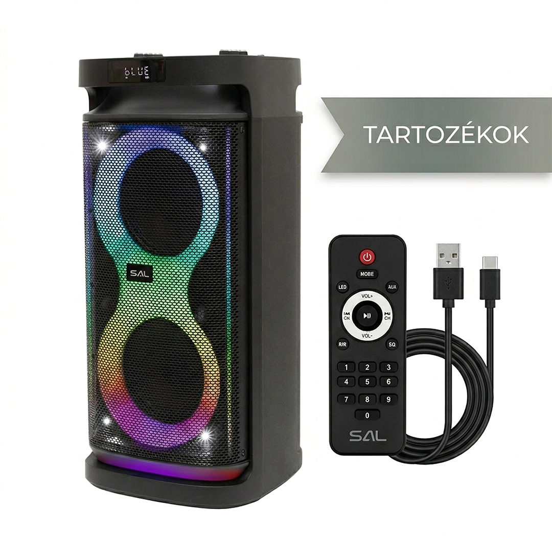 Fekete hangszóró színes fényekkel, távirányítóval és kábelekkel.