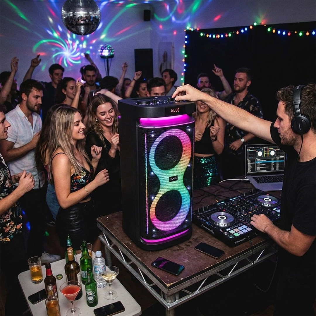 DJ zenél, miközben emberek táncolnak egy bulin színes fényekkel.