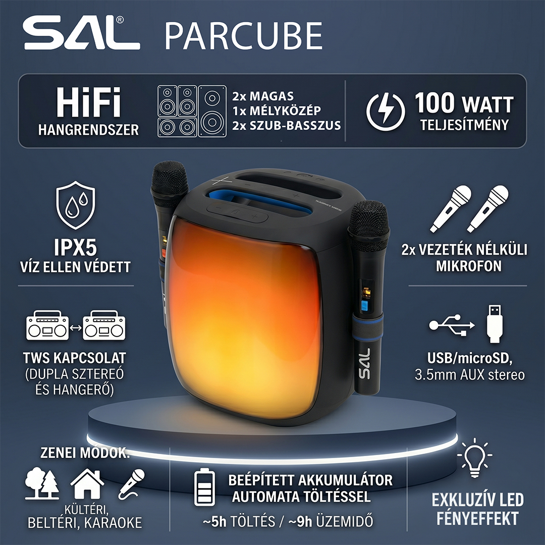 SAL PARCUBE hangszóró 2 mikrofonnal, IPX5, 100W, LED fényeffektek, USB/microSD.
