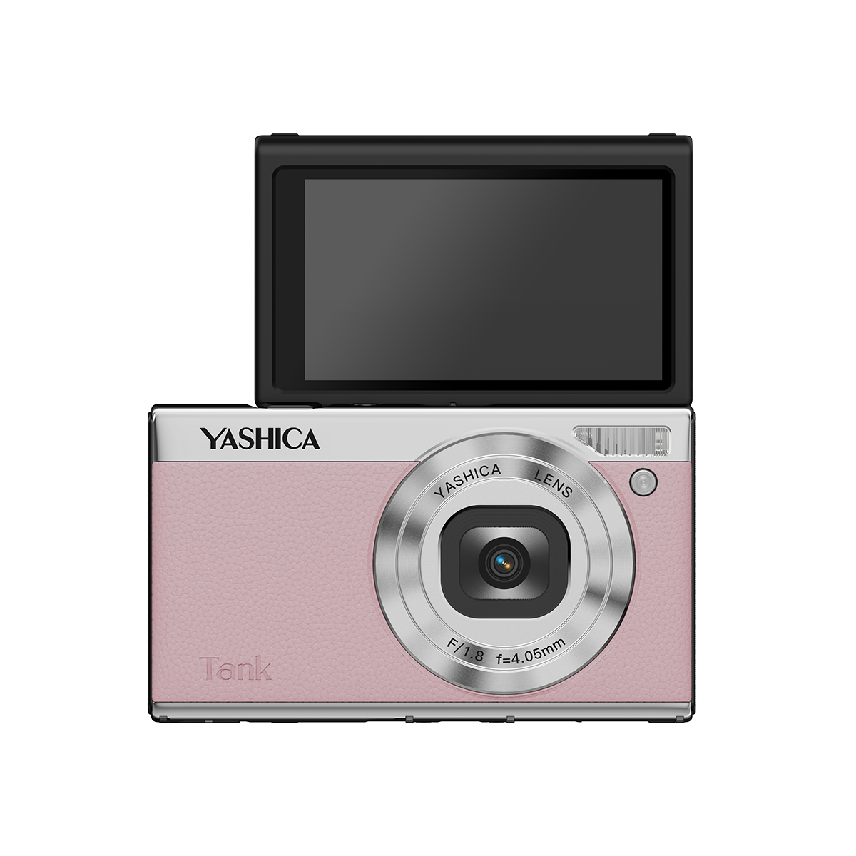 Pembe bir Yashica dijital kamera, katlanabilir ekran ve gümüş lens halkası.