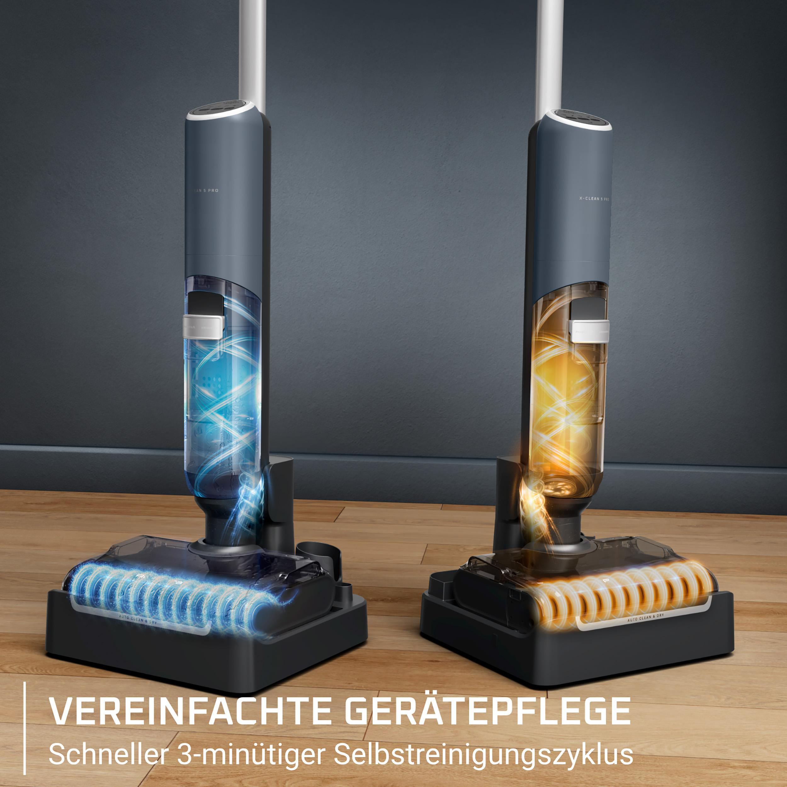 Zwei Bodenreiniger mit blauem und goldenem Licht, die auf Holzboden stehen.