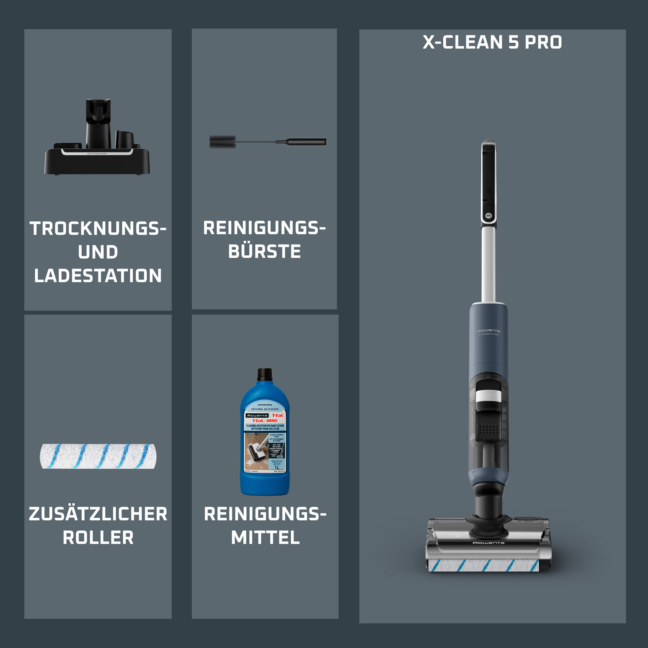 Rowenta X-Clean 5 Pro: Reiniger, Bürste, Ladestation, Rolle.